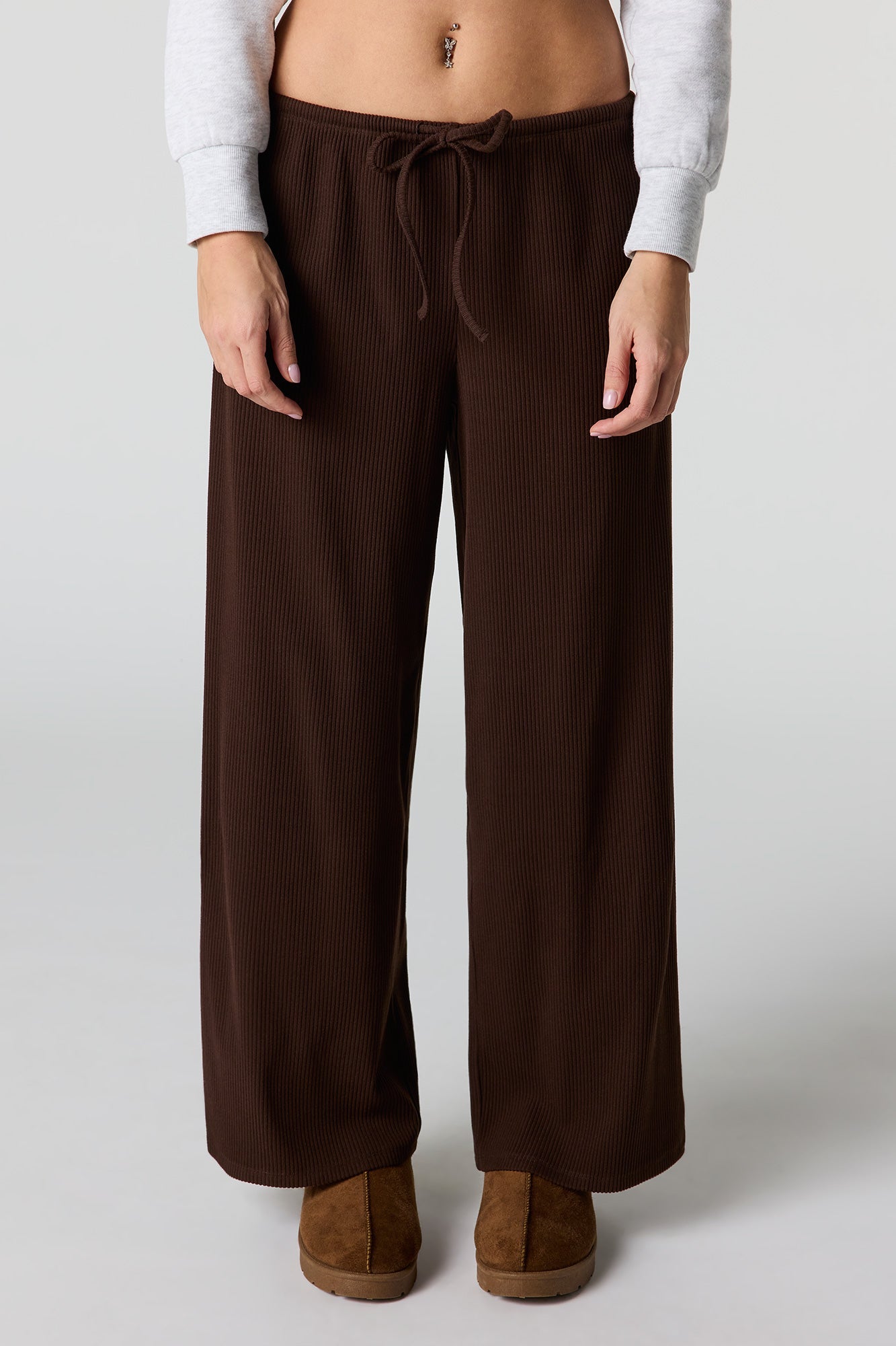 Soft Ribbed Drawstring Wide Leg Pant