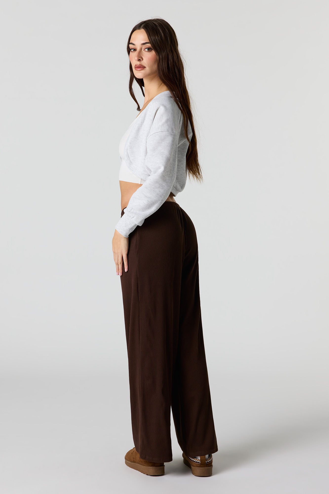 Soft Ribbed Drawstring Wide Leg Pant