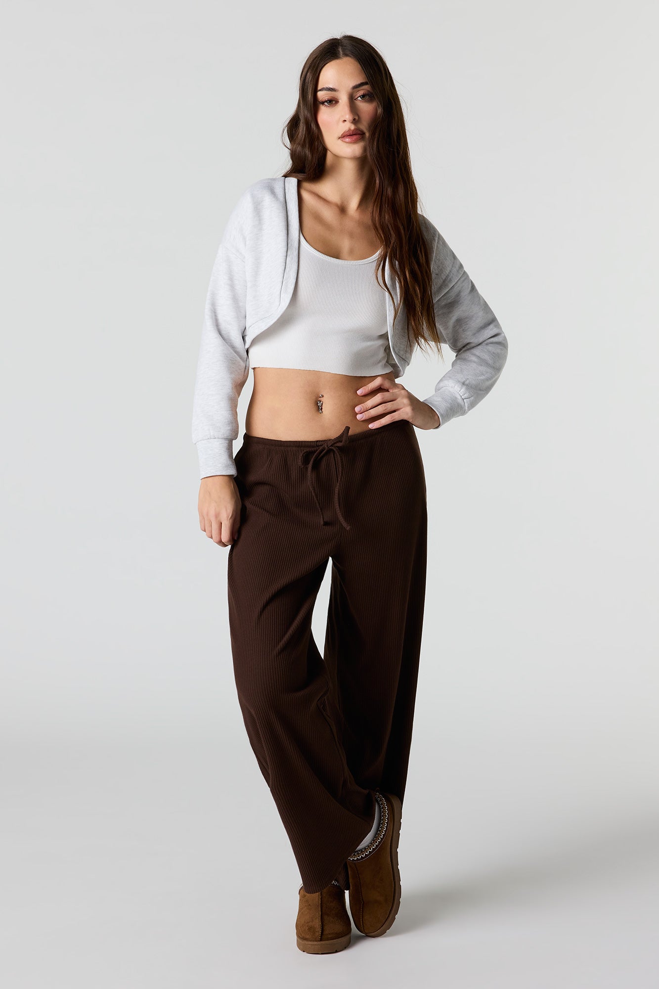 Soft Ribbed Drawstring Wide Leg Pant