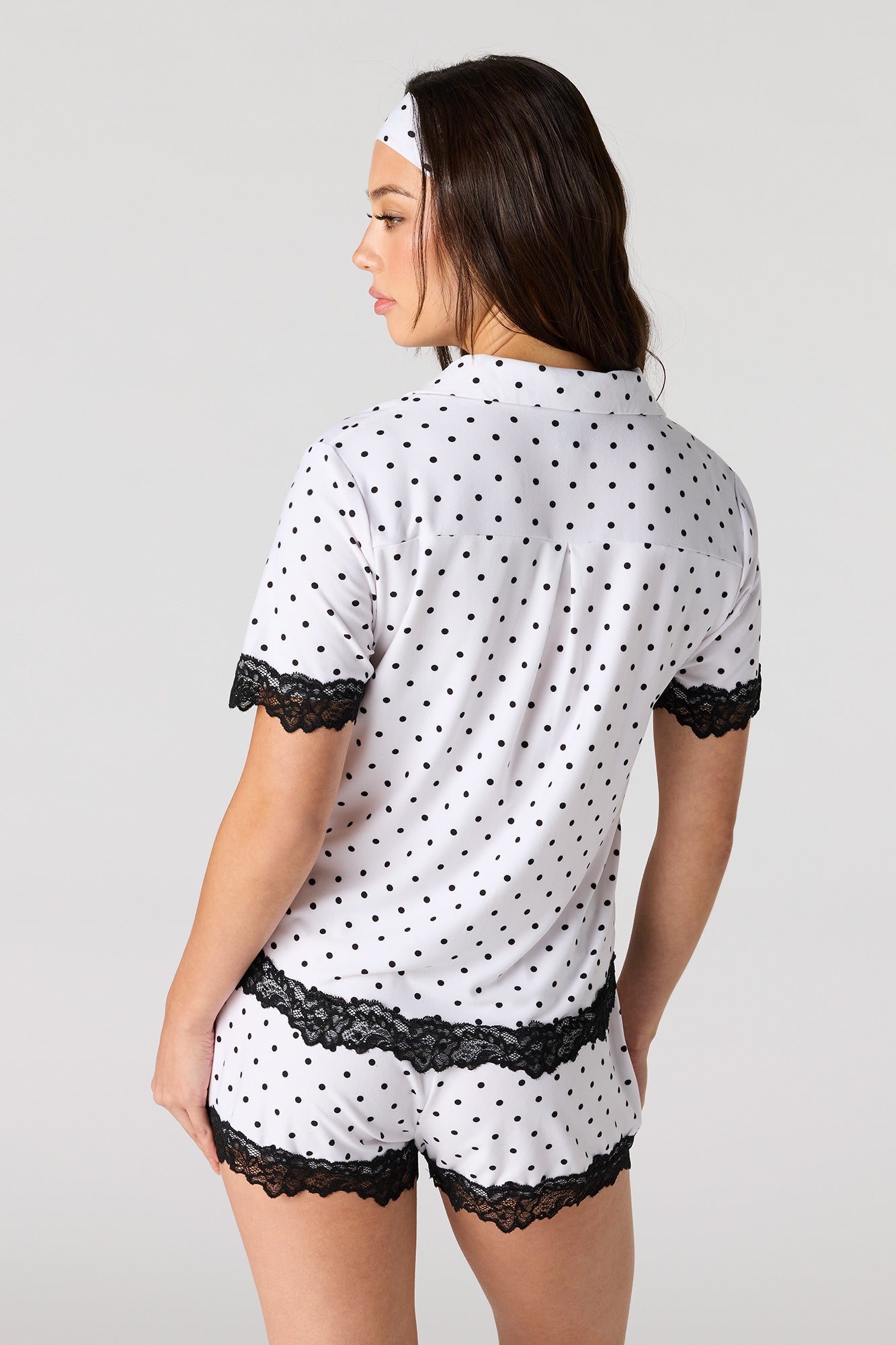 Lace Trim Button-Up Top & Short & Headband Pajama Set