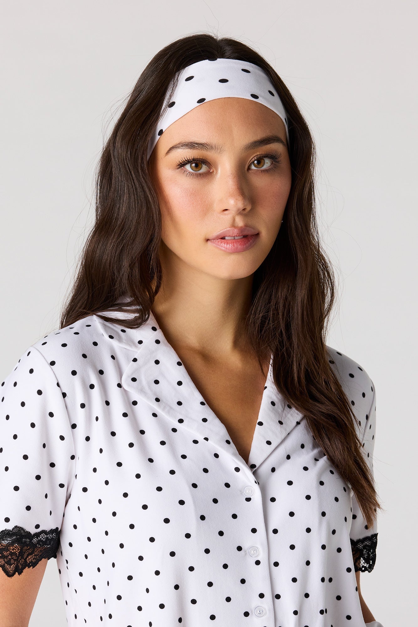 Lace Trim Button-Up Top & Short & Headband Pajama Set