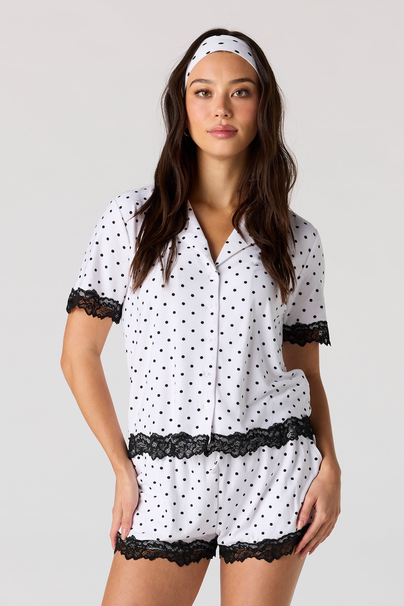 Lace Trim Button-Up Top & Short & Headband Pajama Set