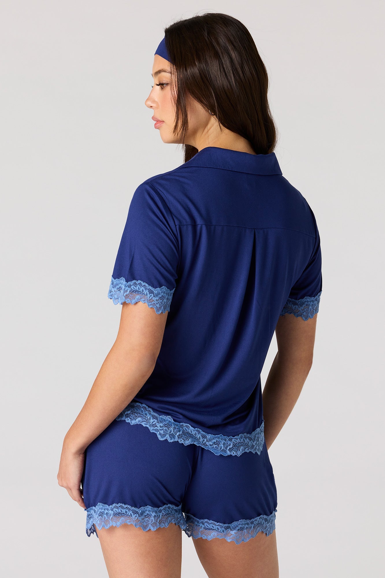 Lace Trim Button-Up Top & Short & Headband Pajama Set