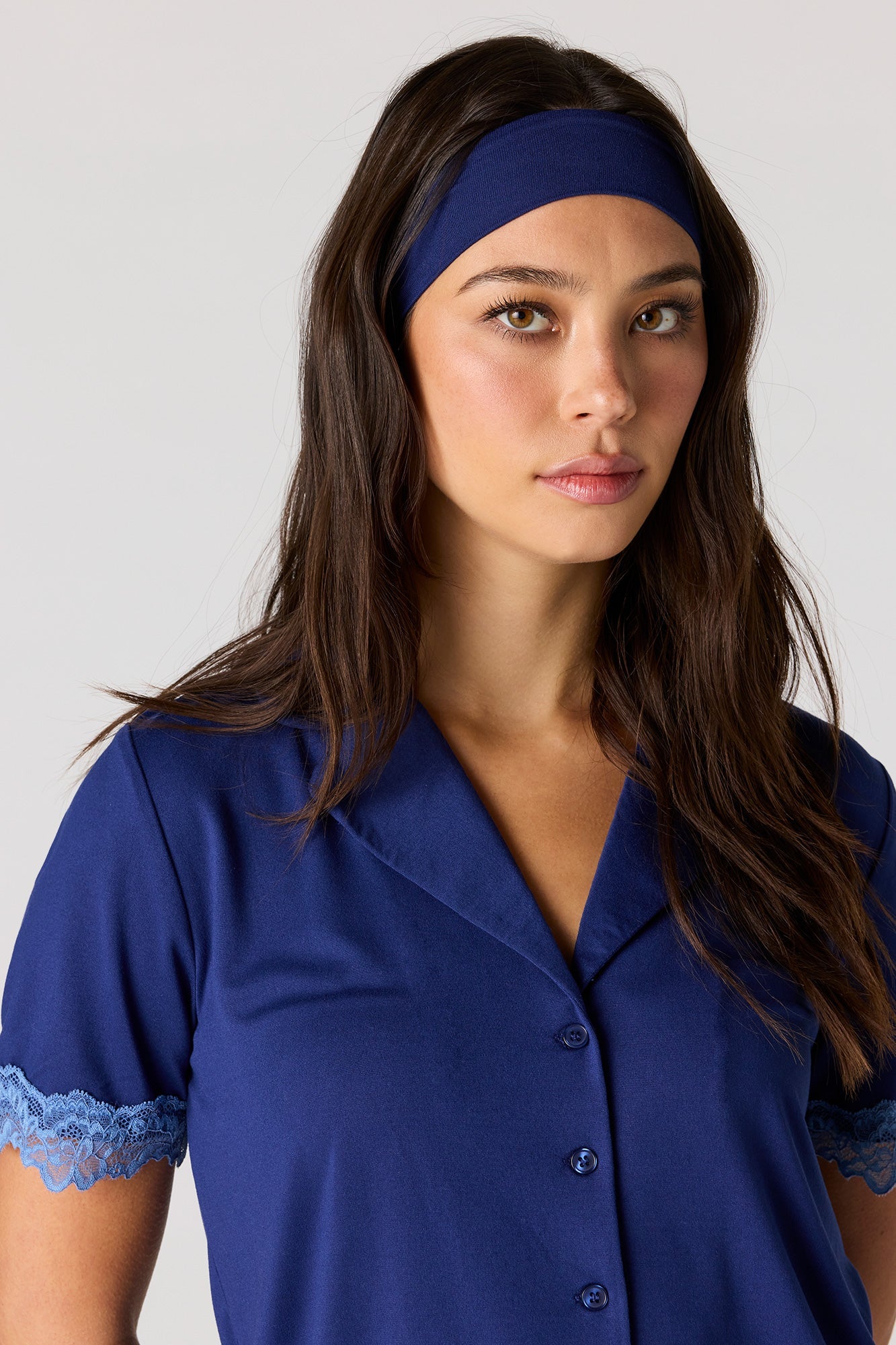 Lace Trim Button-Up Top & Short & Headband Pajama Set