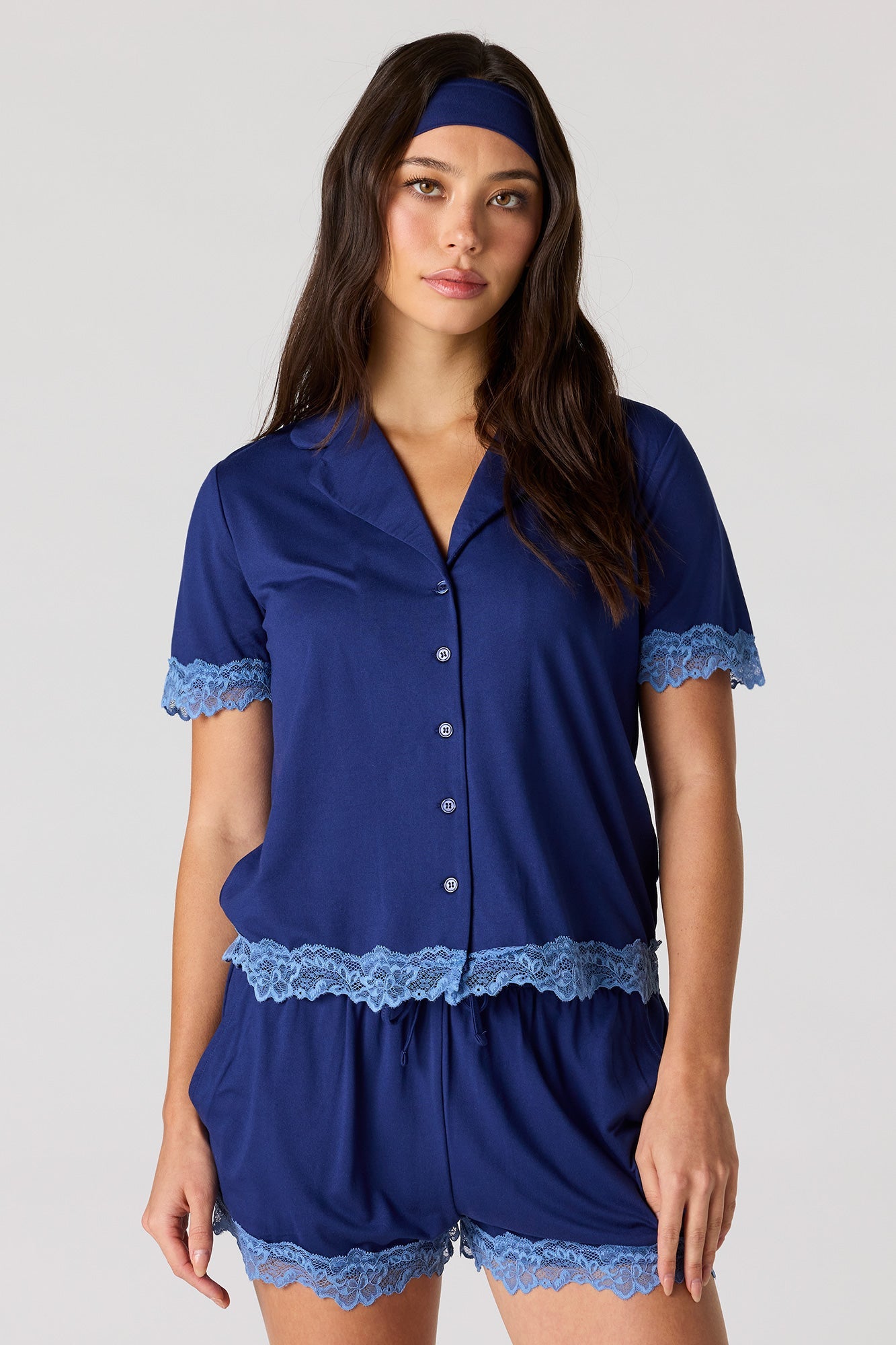 Lace Trim Button-Up Top & Short & Headband Pajama Set