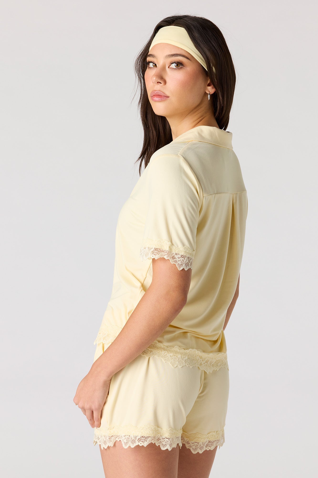 Lace Trim Button-Up Top & Short & Headband Pajama Set