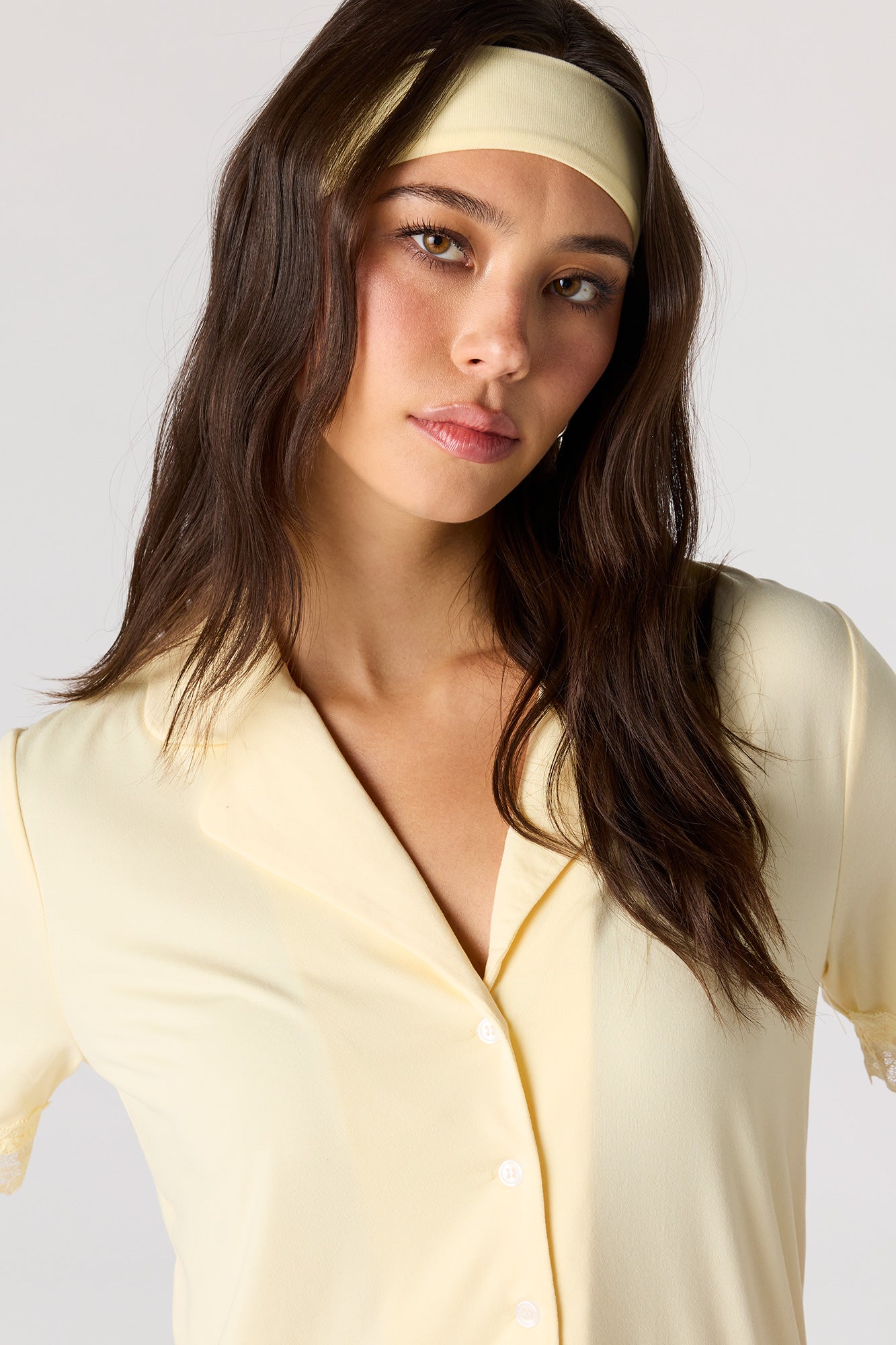 Lace Trim Button-Up Top & Short & Headband Pajama Set