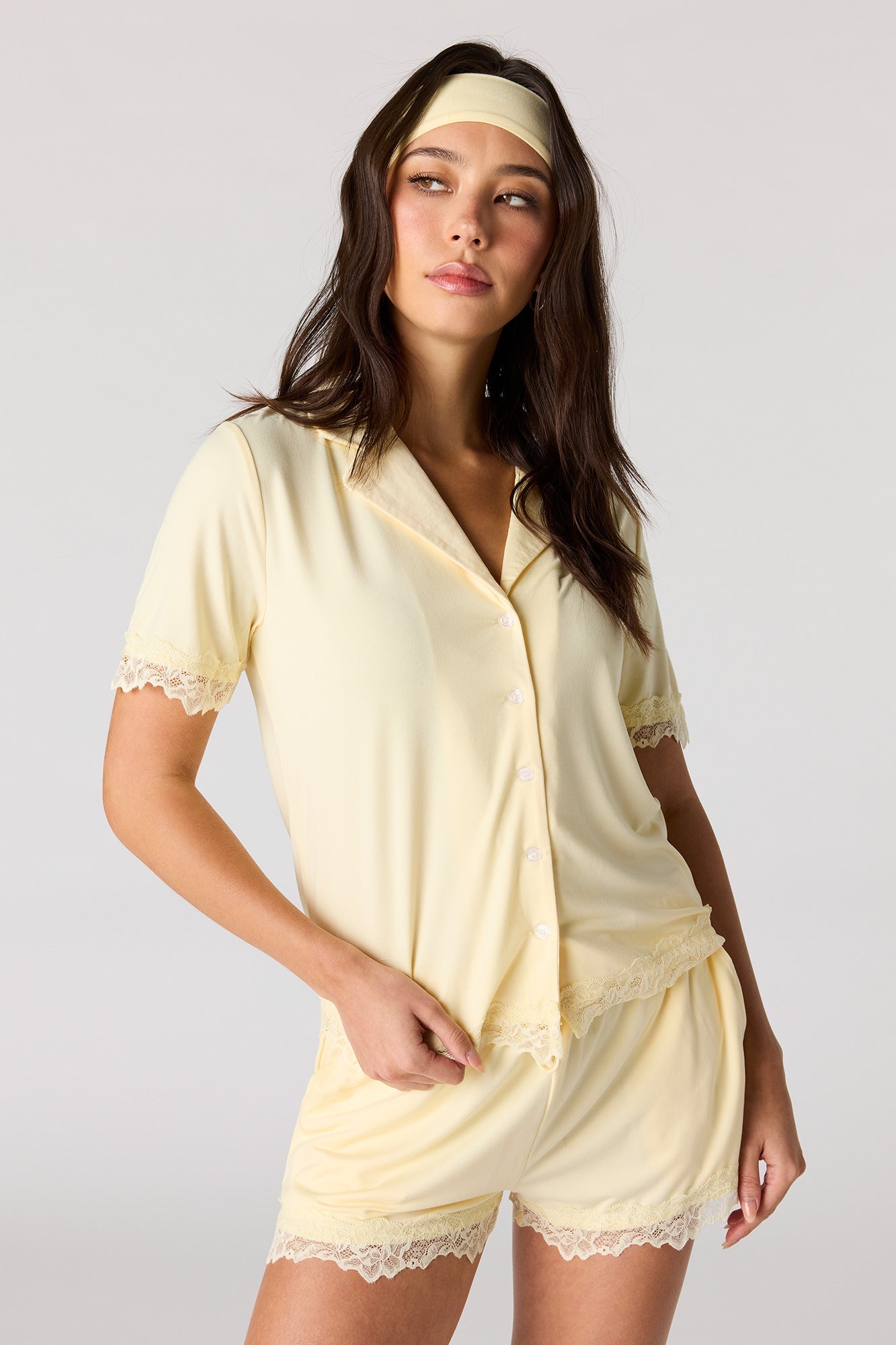 Lace Trim Button-Up Top & Short & Headband Pajama Set