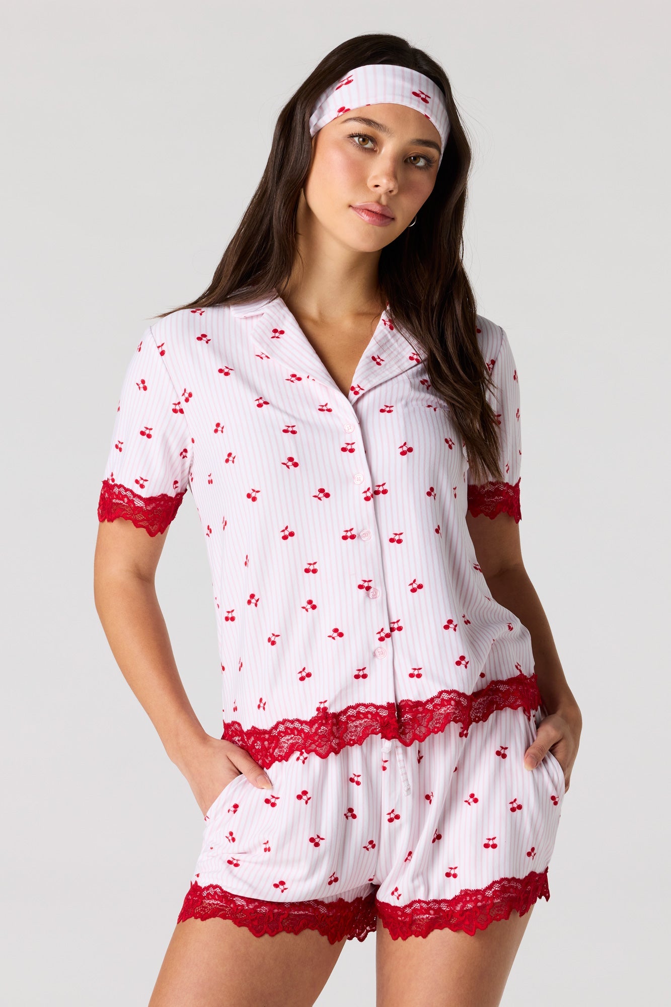 Lace Trim Button-Up Top & Short & Headband Pajama Set