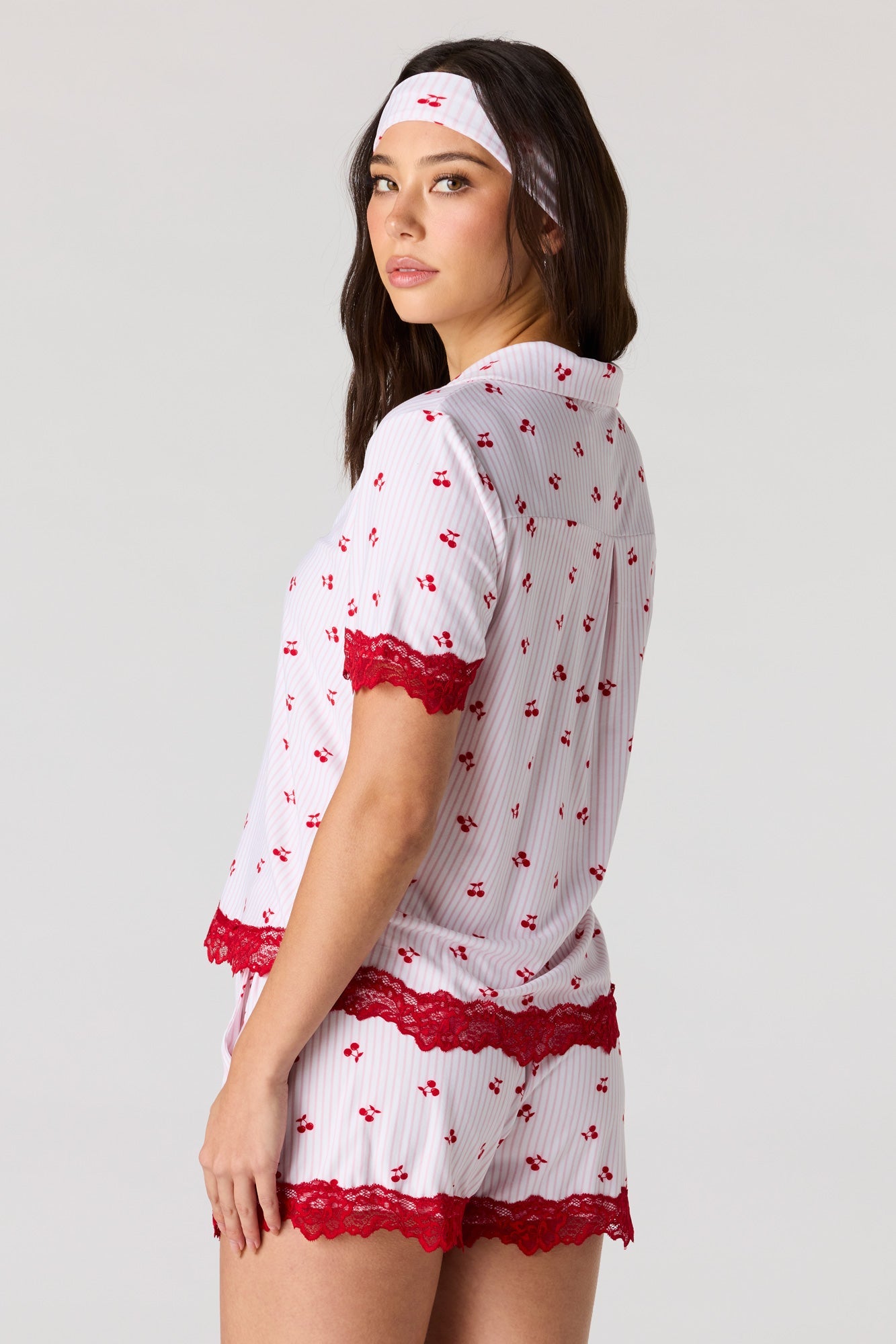 Lace Trim Button-Up Top & Short & Headband Pajama Set