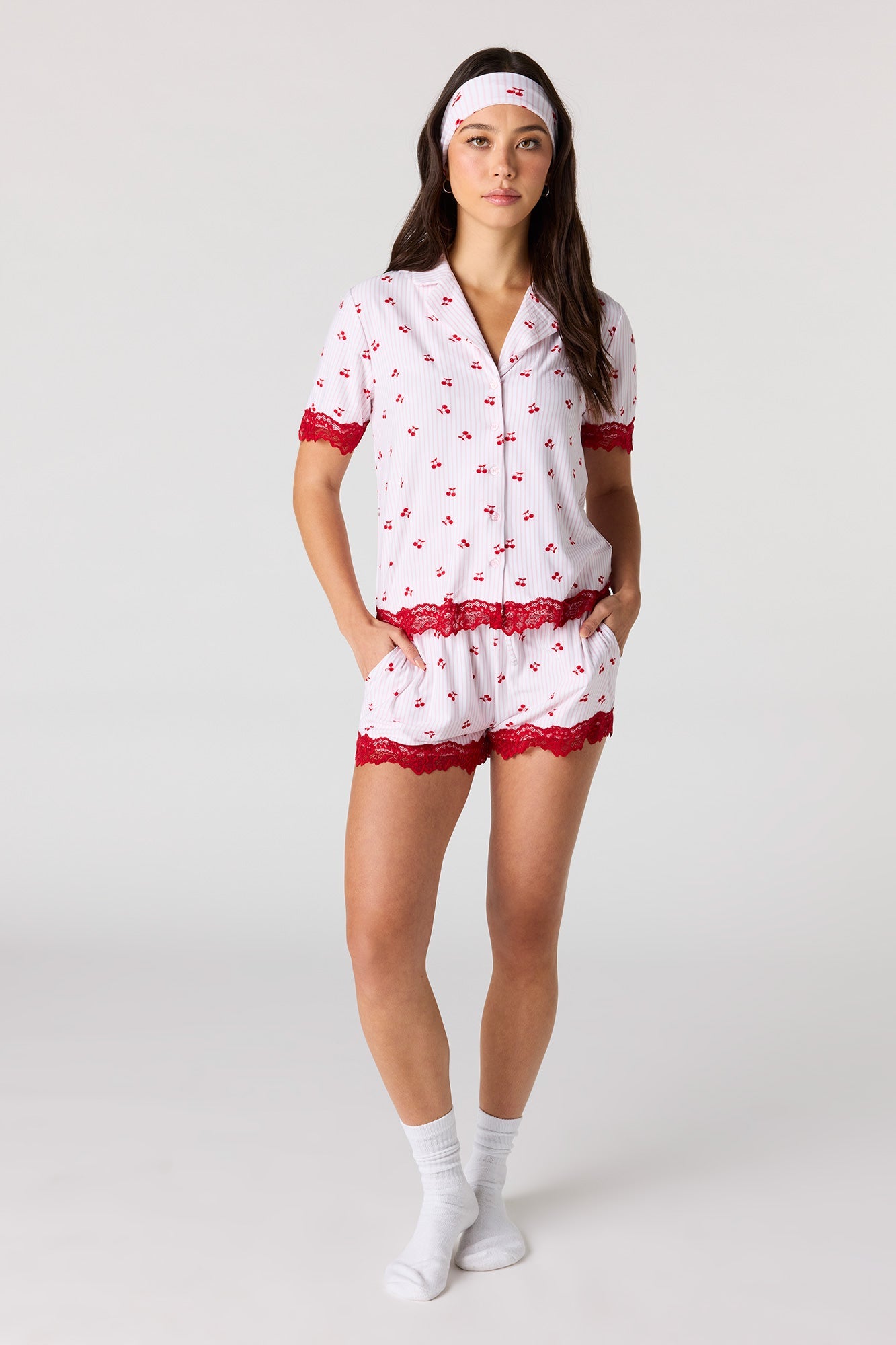 Lace Trim Button-Up Top & Short & Headband Pajama Set