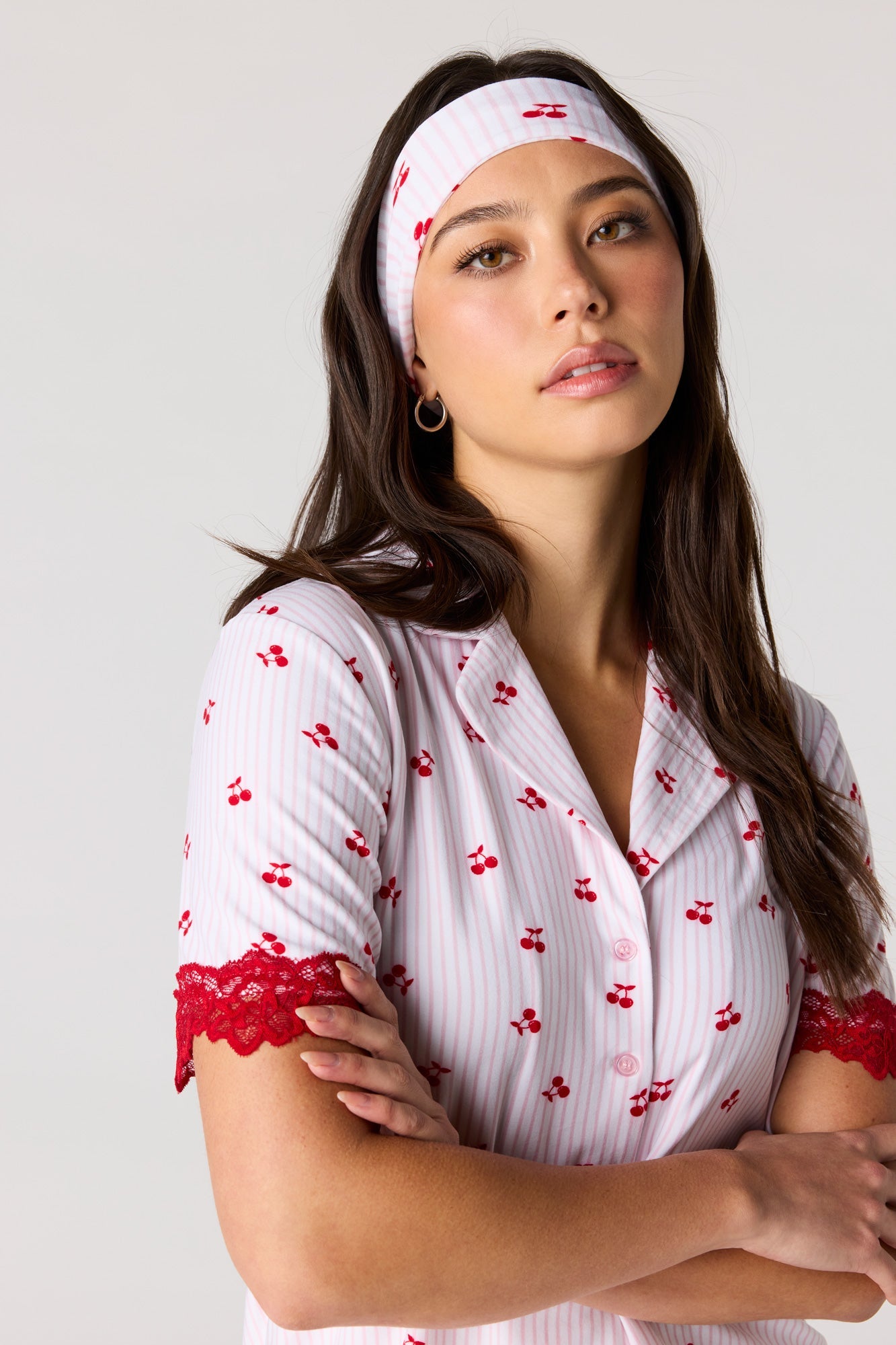 Lace Trim Button-Up Top & Short & Headband Pajama Set