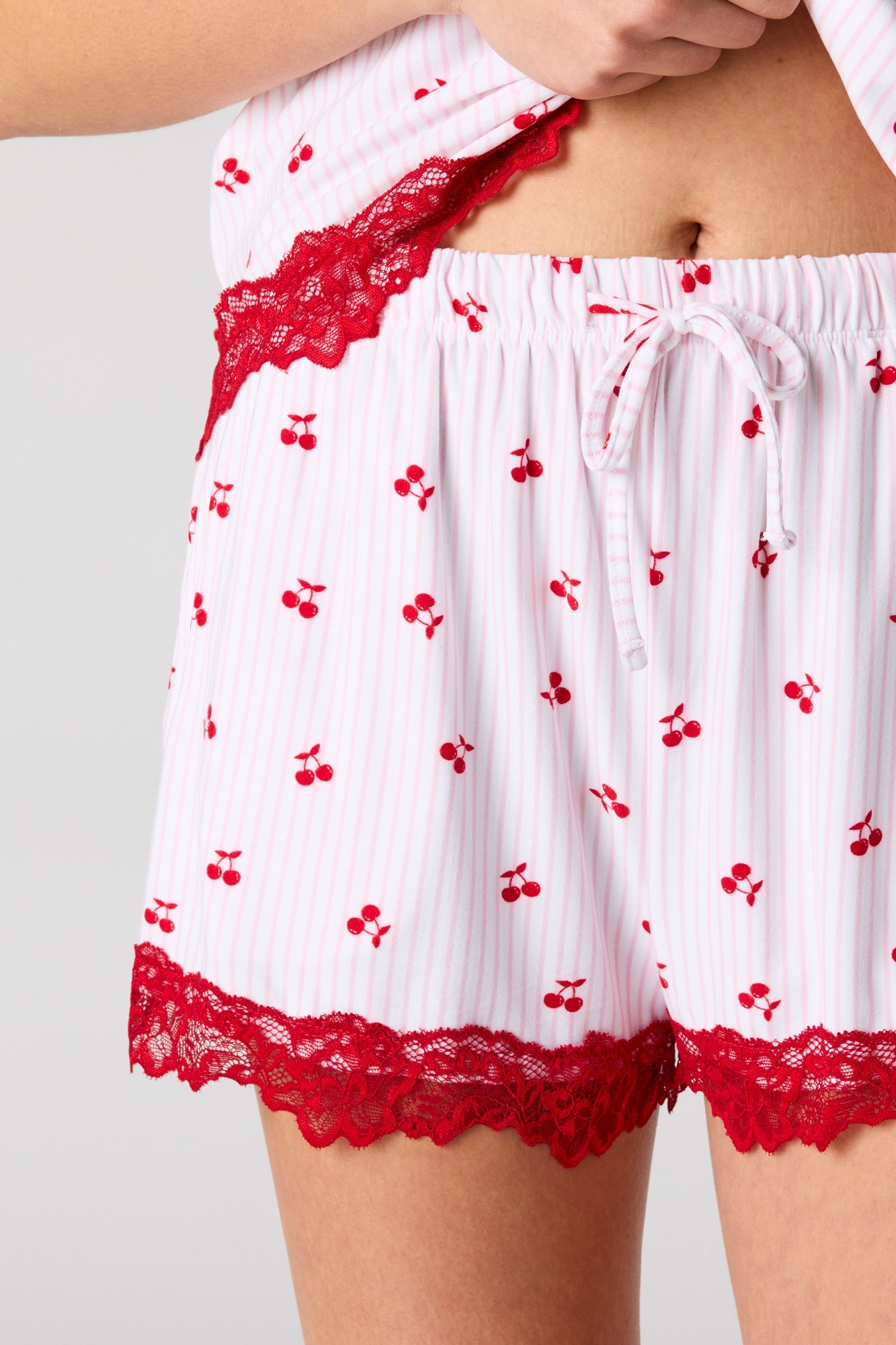 Lace Trim Button-Up Top & Short & Headband Pajama Set