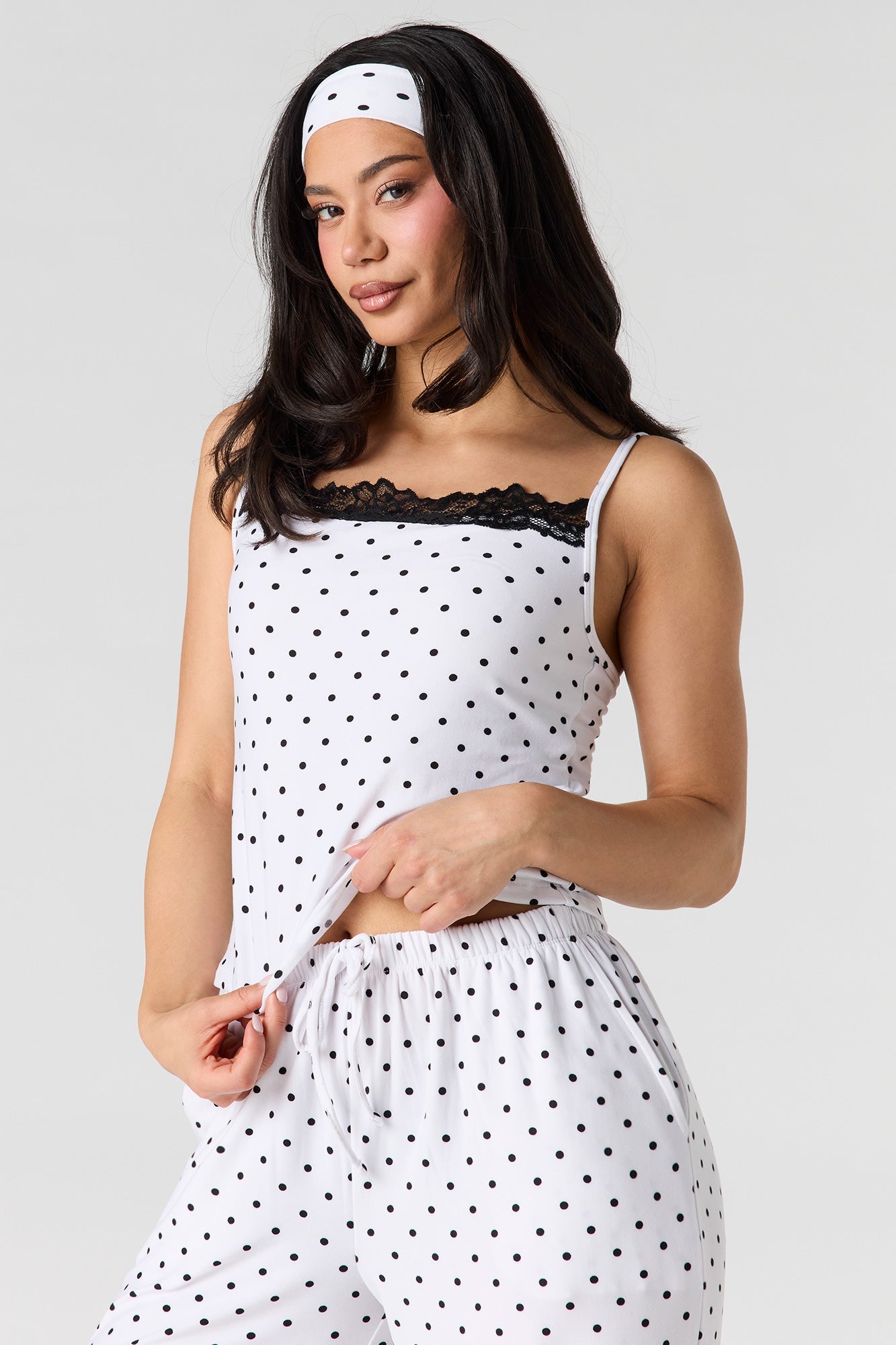 Printed Lace Trim Tank & Pant & Headband Pajama Set