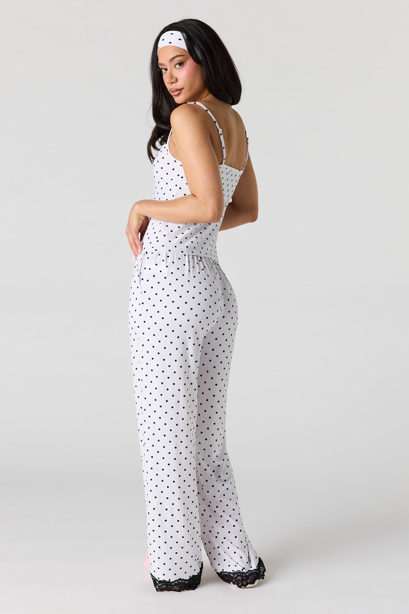 Printed Lace Trim Tank & Pant & Headband Pajama Set