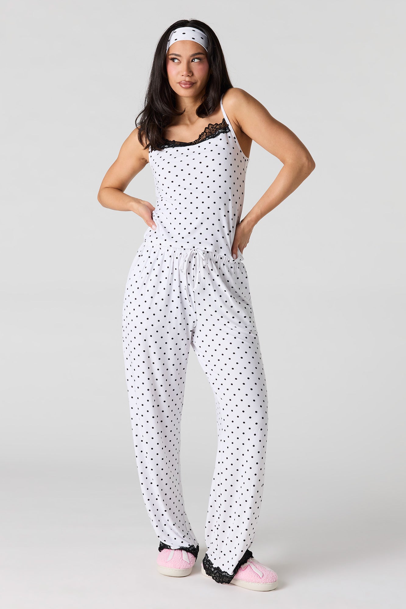 Printed Lace Trim Tank & Pant & Headband Pajama Set