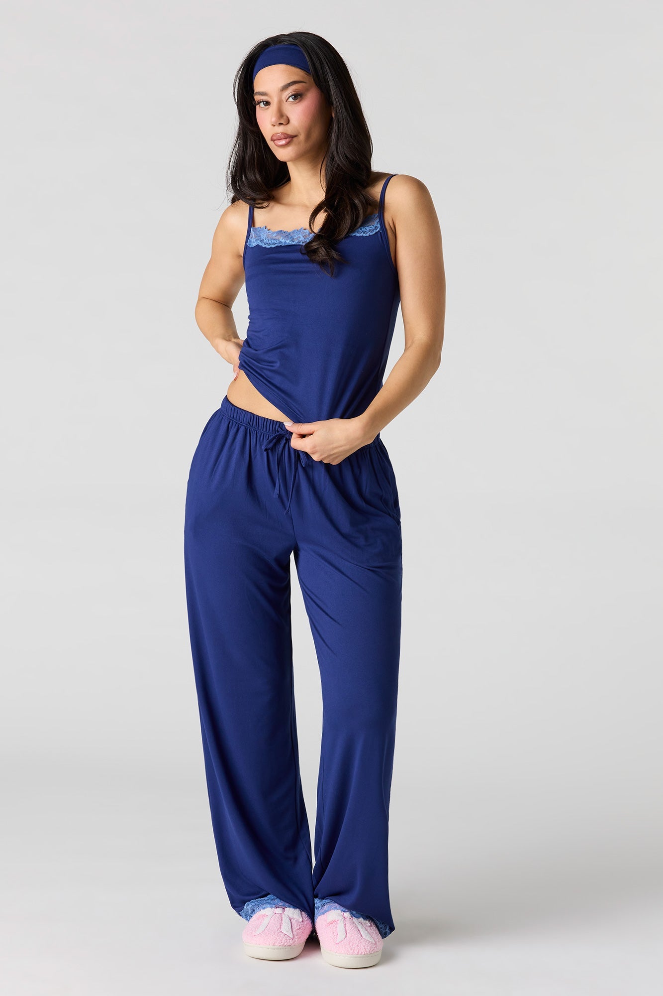 Printed Lace Trim Tank & Pant & Headband Pajama Set