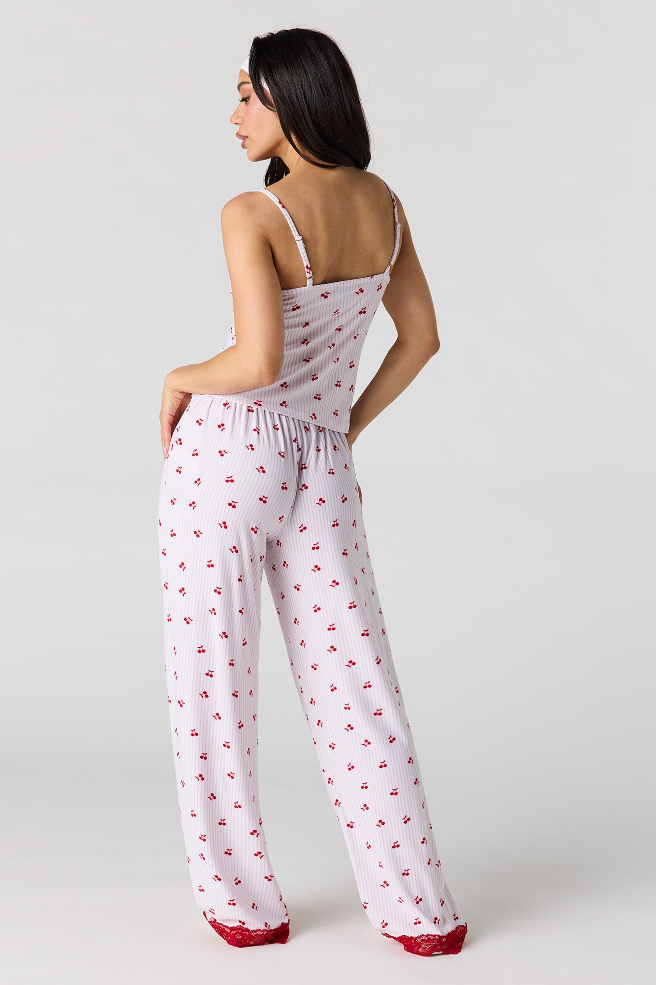 Printed Lace Trim Tank & Pant & Headband Pajama Set