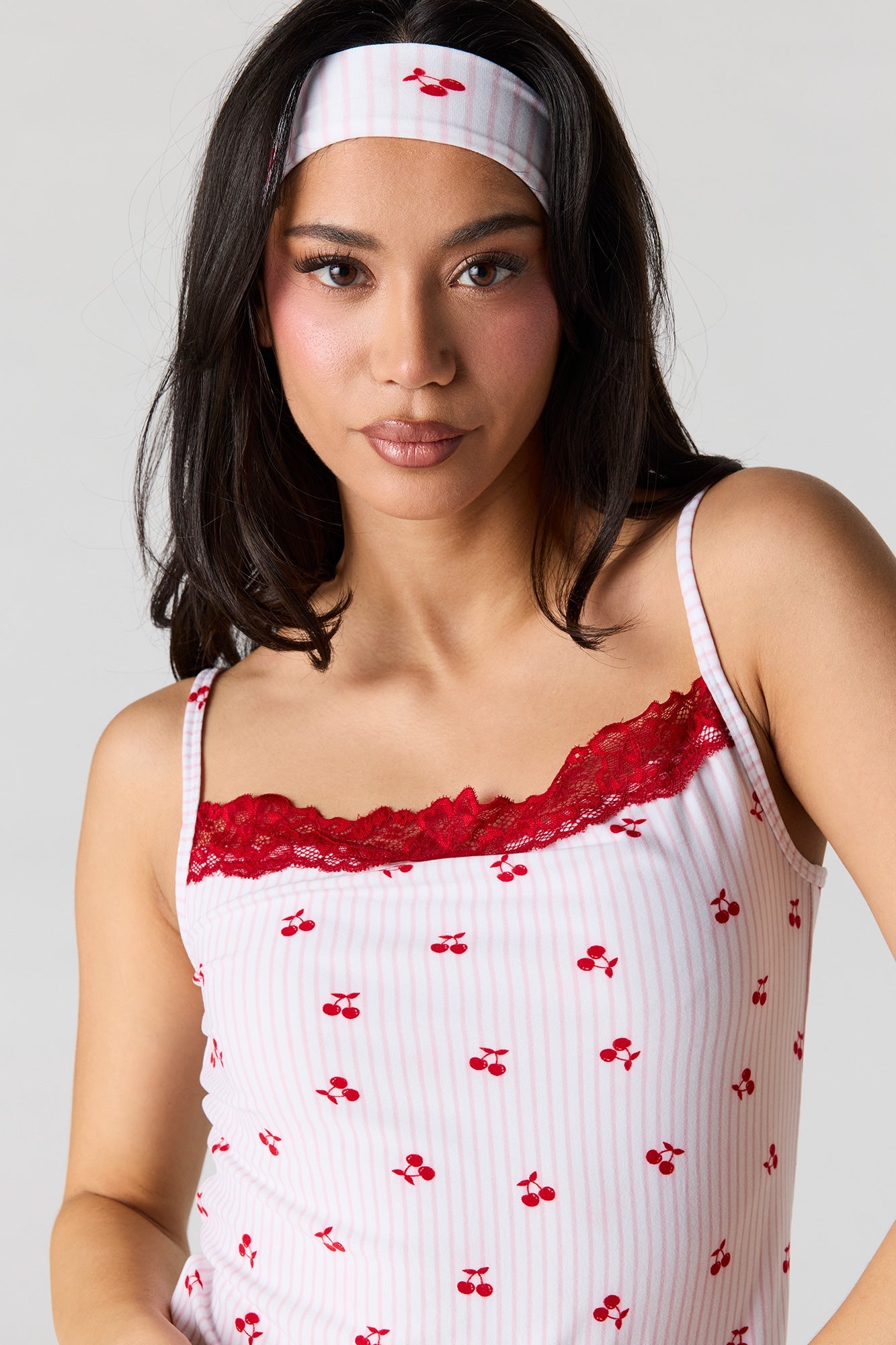 Printed Lace Trim Tank & Pant & Headband Pajama Set