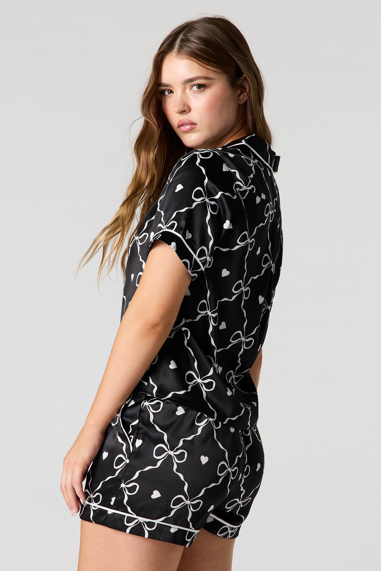 Satin Printed Button-Up Shirt & Short Pajama Set