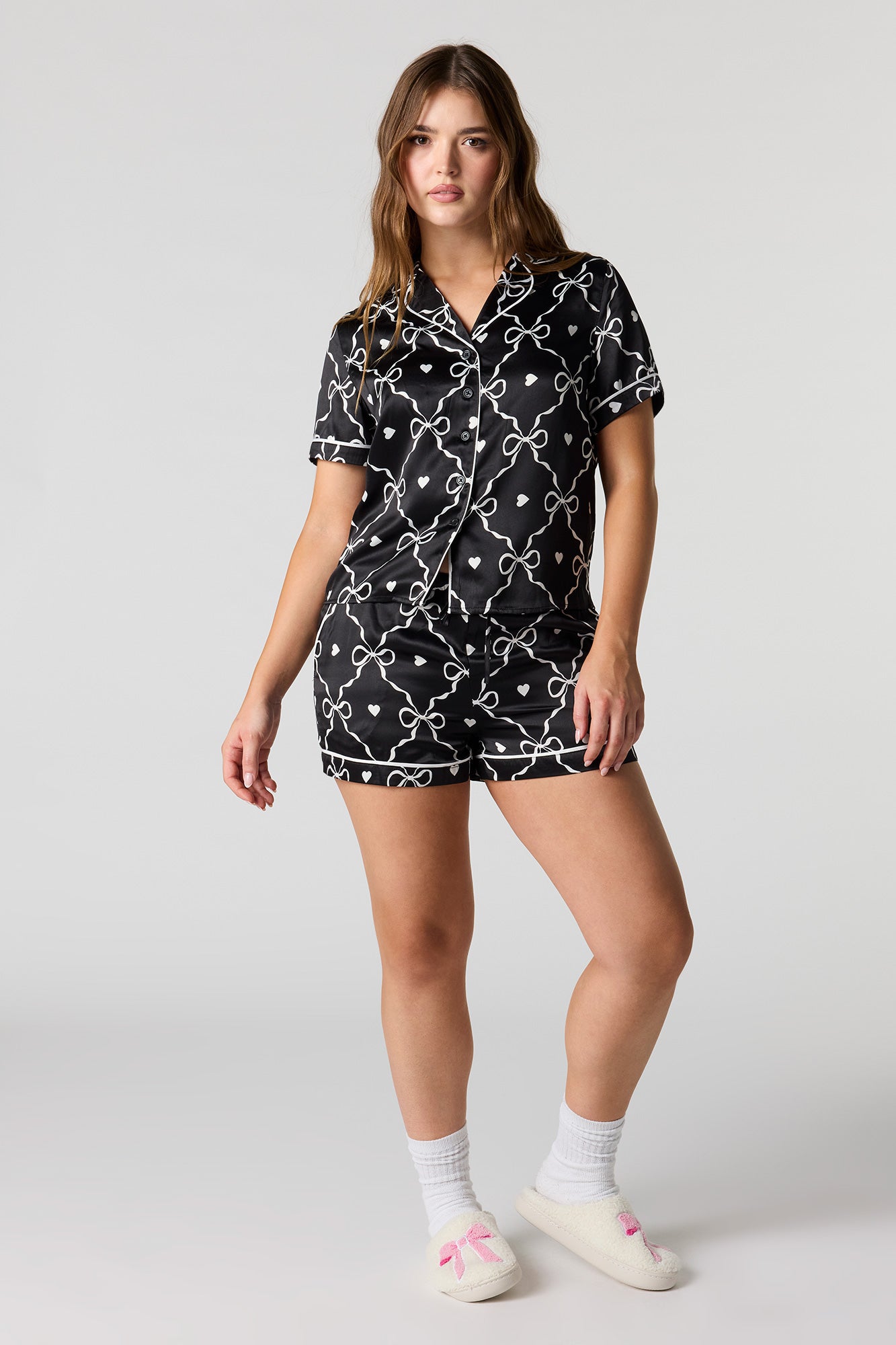 Satin Printed Button-Up Shirt & Short Pajama Set