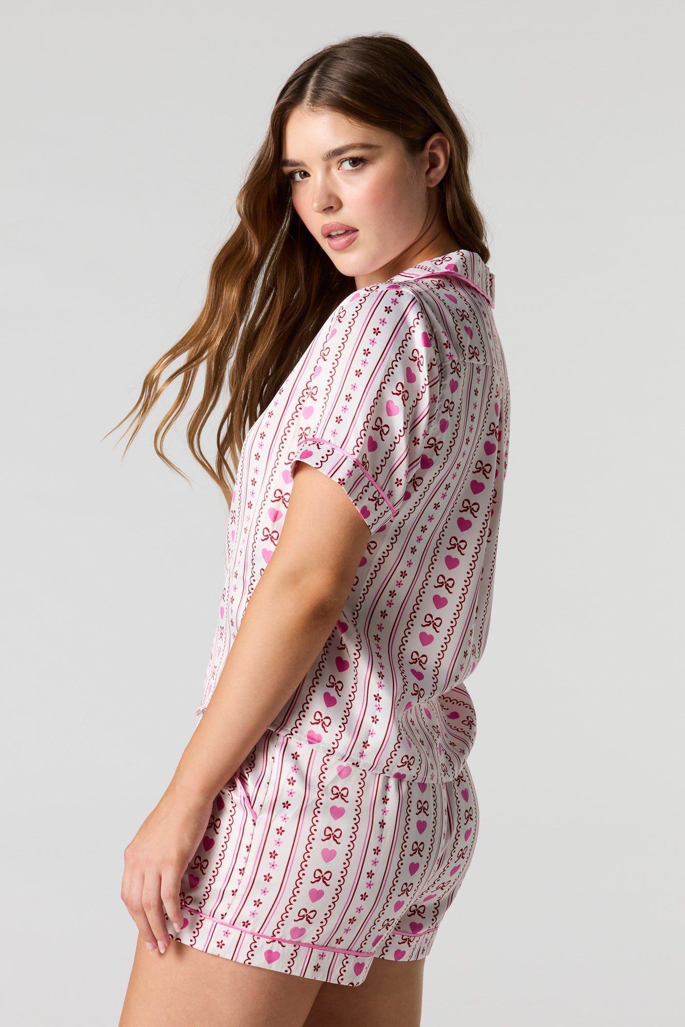 Satin Printed Button-Up Shirt & Short Pajama Set