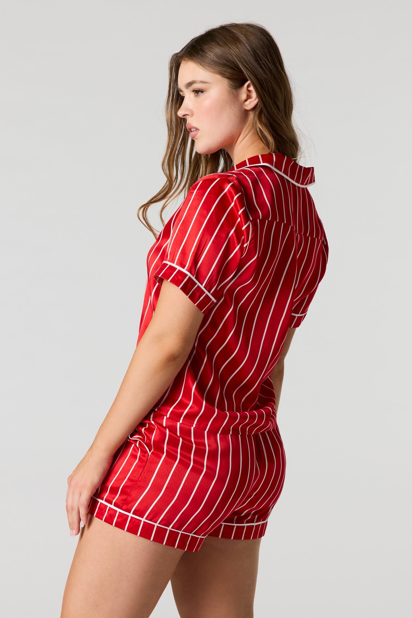 Satin Printed Button-Up Shirt & Short Pajama Set