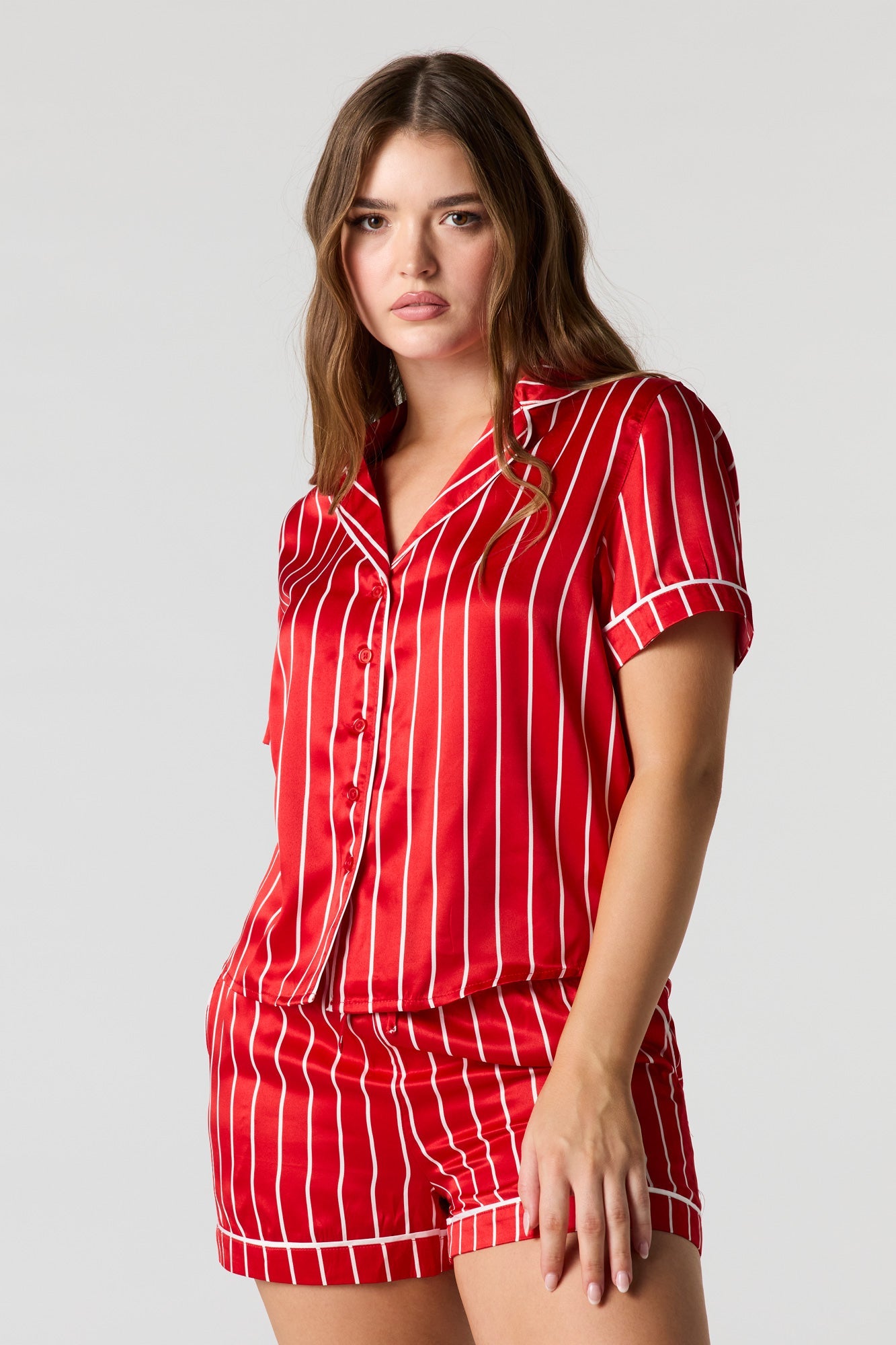 Satin Printed Button-Up Shirt & Short Pajama Set