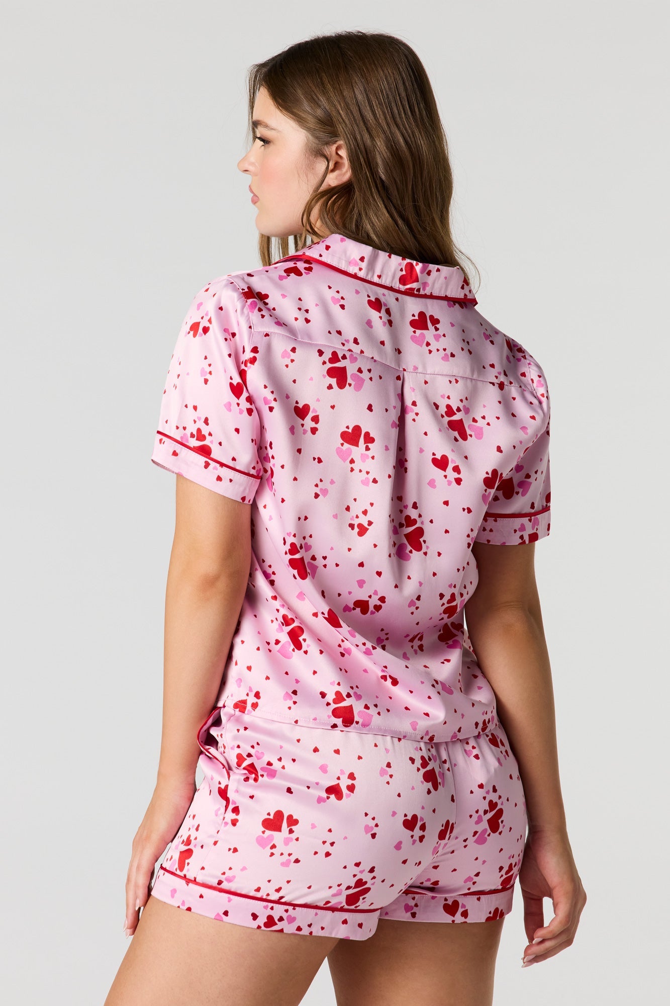 Satin Printed Button-Up Shirt & Short Pajama Set