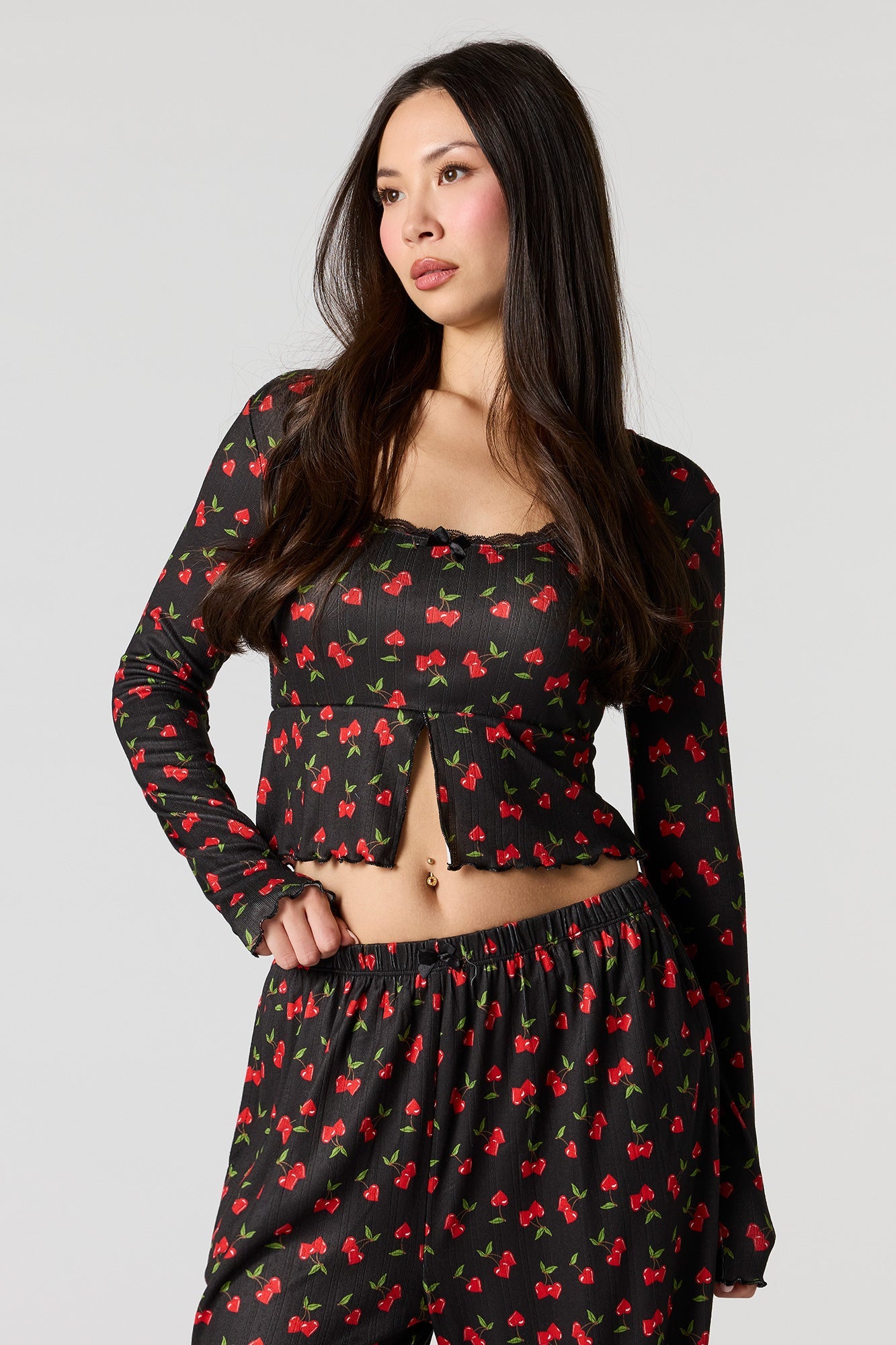 Ribbed Printed Long Sleeve Top & Pant Pajama Set