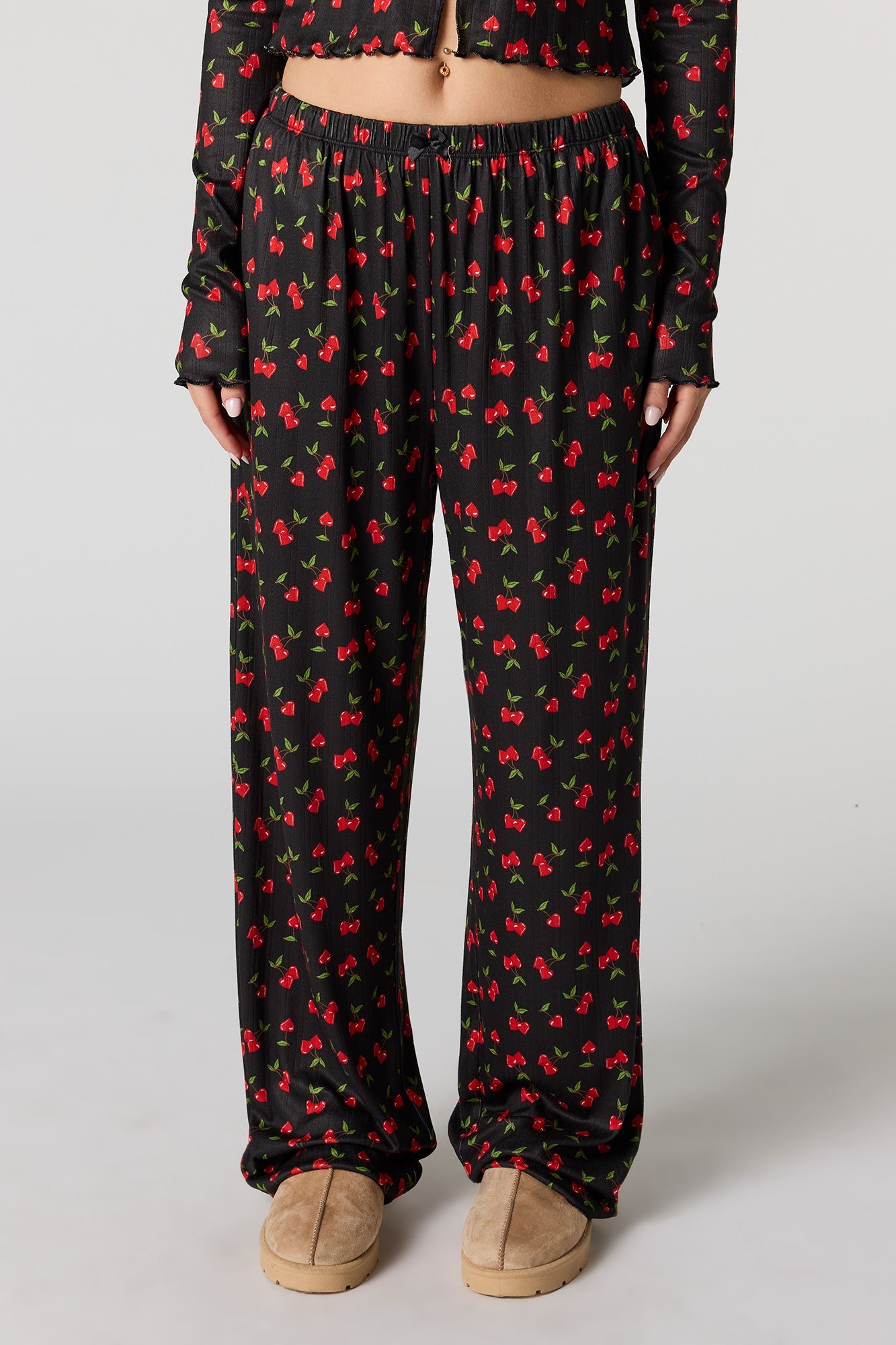 Ribbed Printed Long Sleeve Top & Pant Pajama Set