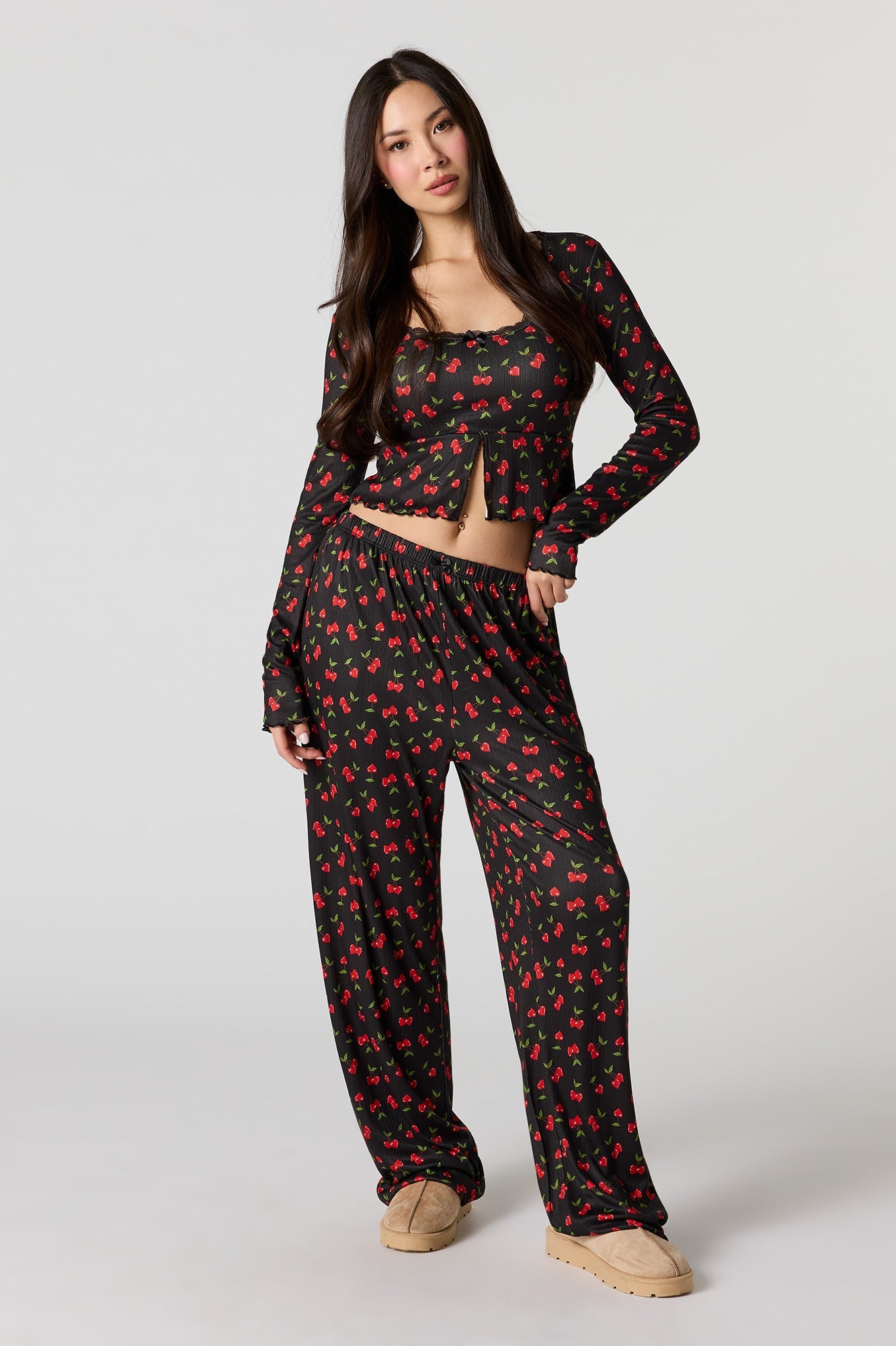 Ribbed Printed Long Sleeve Top & Pant Pajama Set