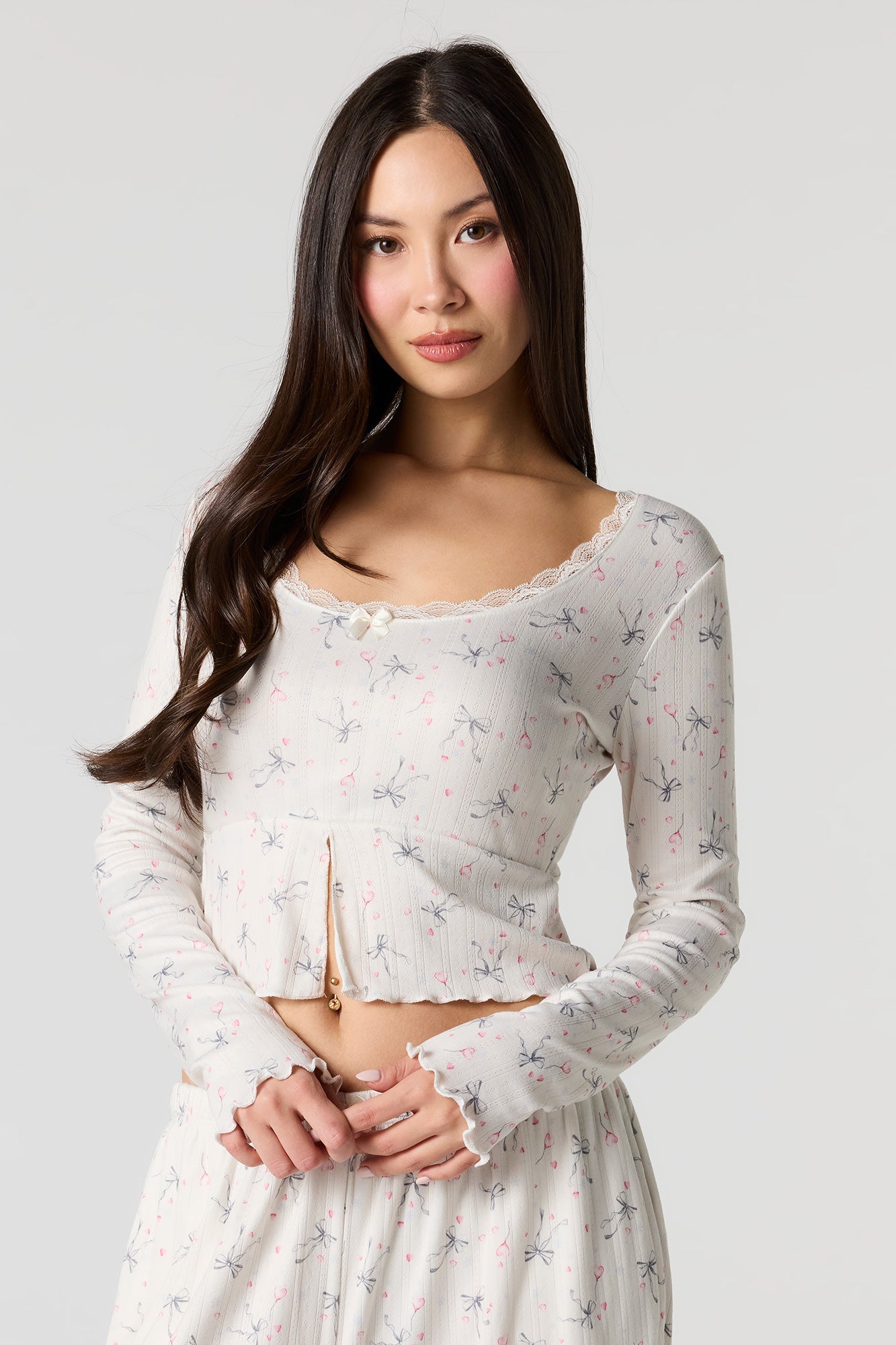 Ribbed Printed Long Sleeve Top & Pant Pajama Set