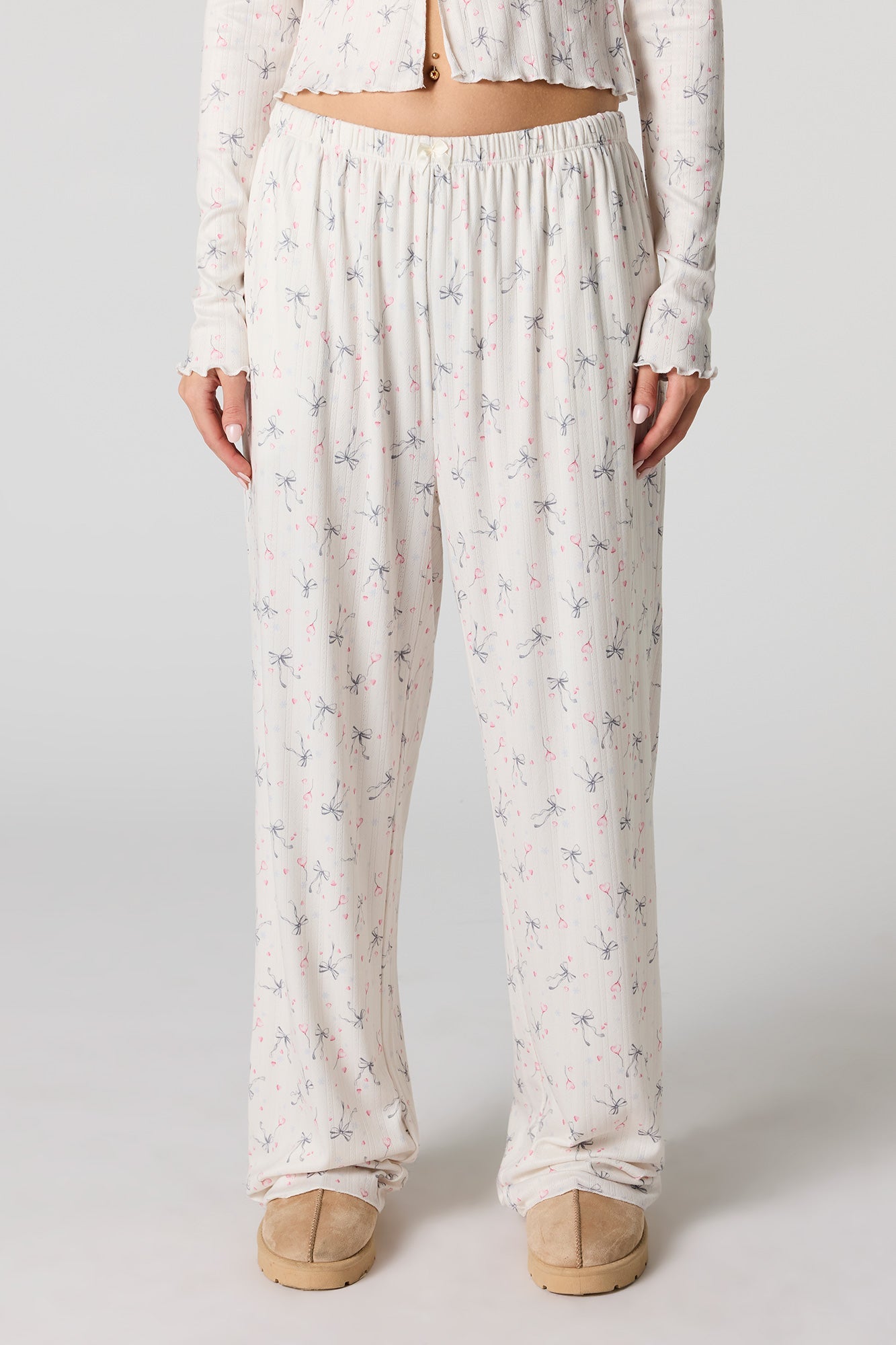Ribbed Printed Long Sleeve Top & Pant Pajama Set