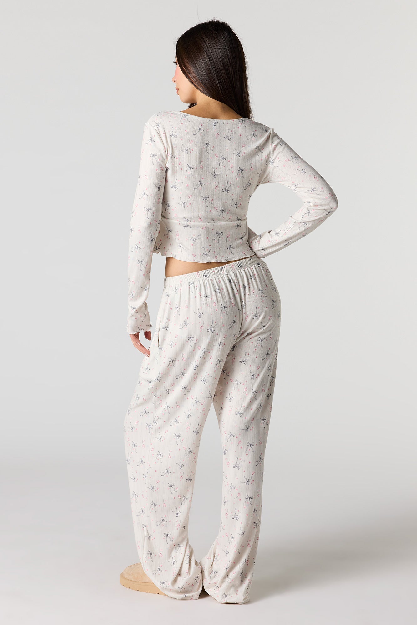 Ribbed Printed Long Sleeve Top & Pant Pajama Set