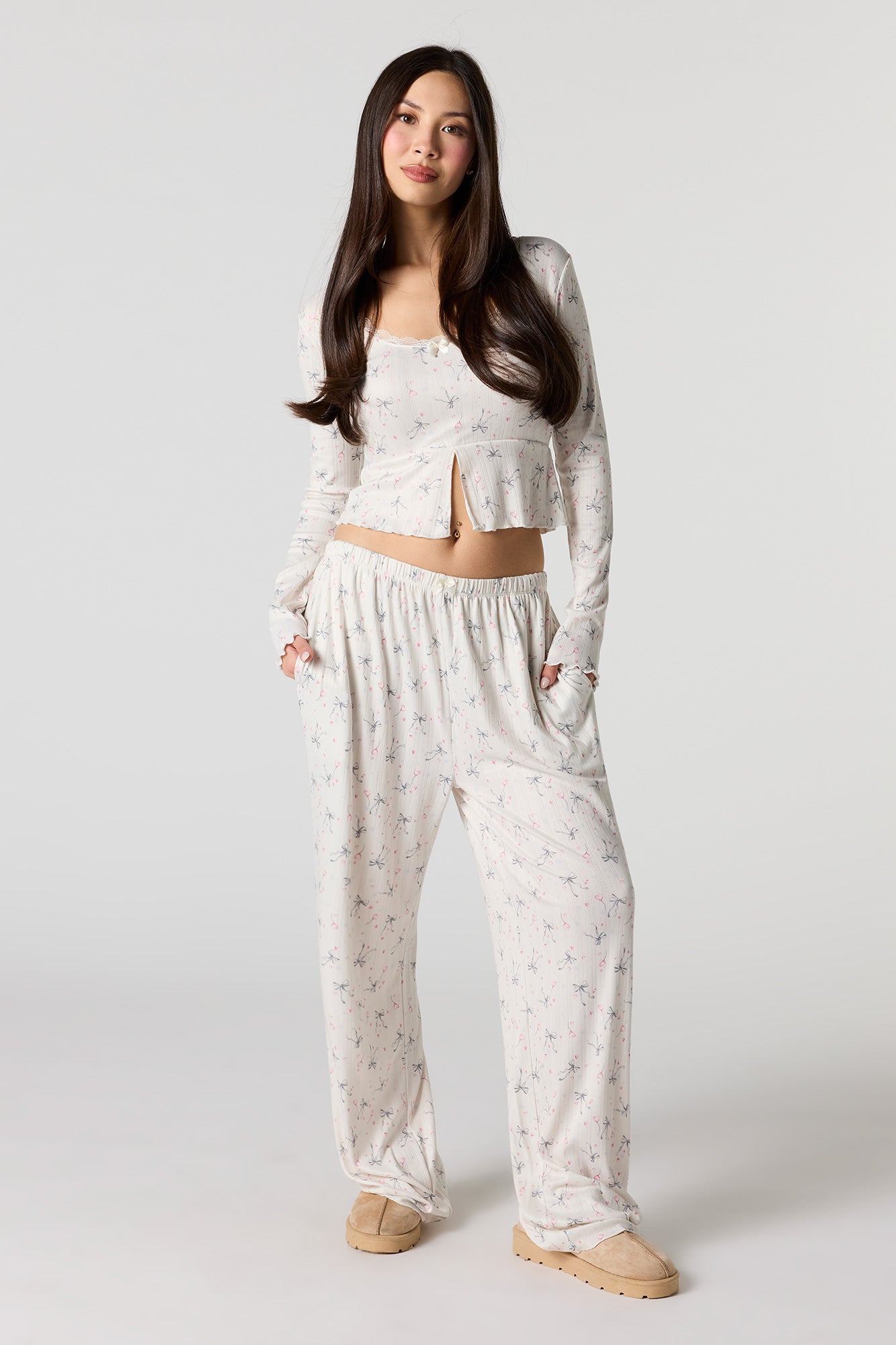 Ribbed Printed Long Sleeve Top & Pant Pajama Set