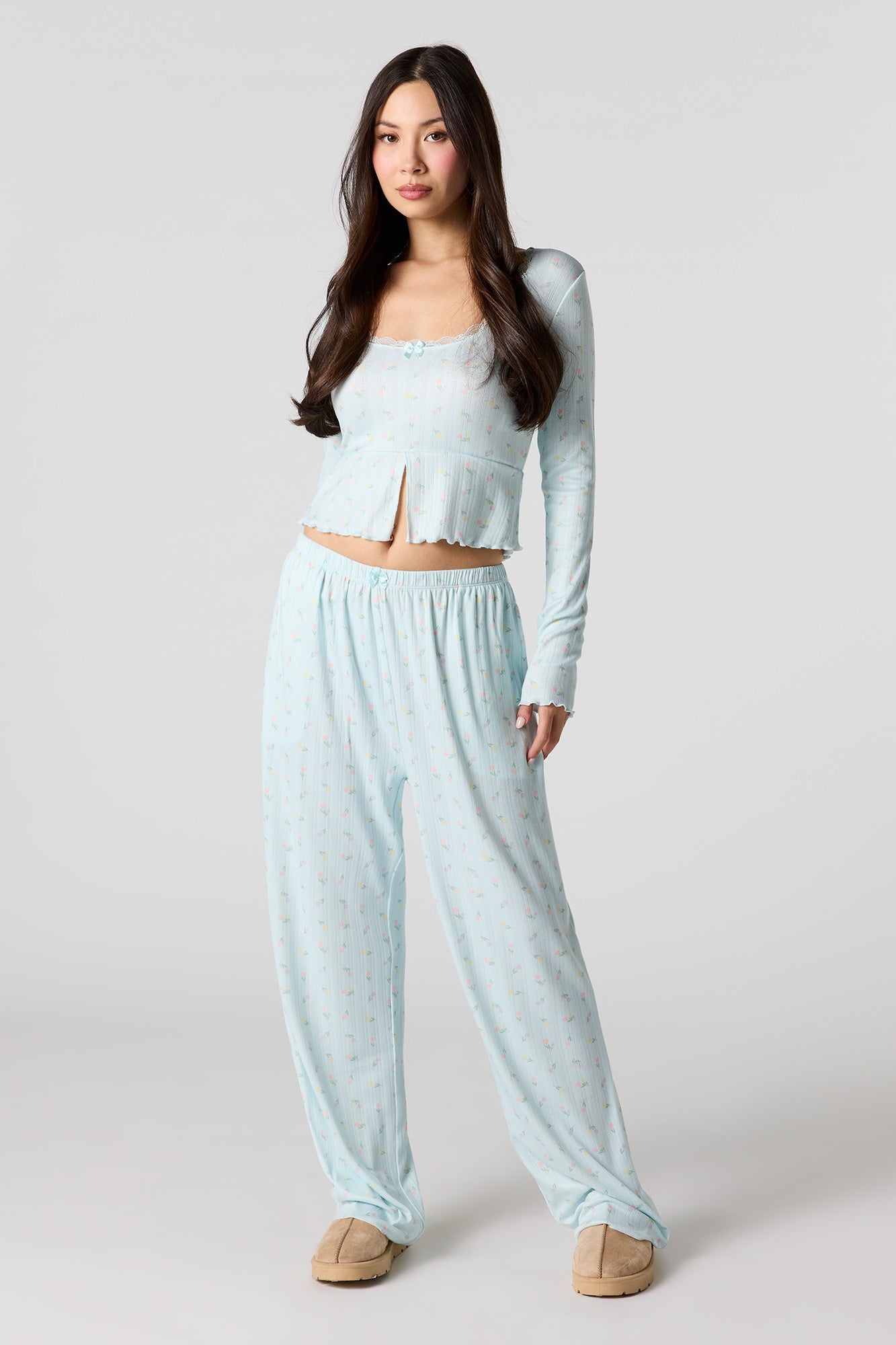 Ribbed Printed Long Sleeve Top & Pant Pajama Set