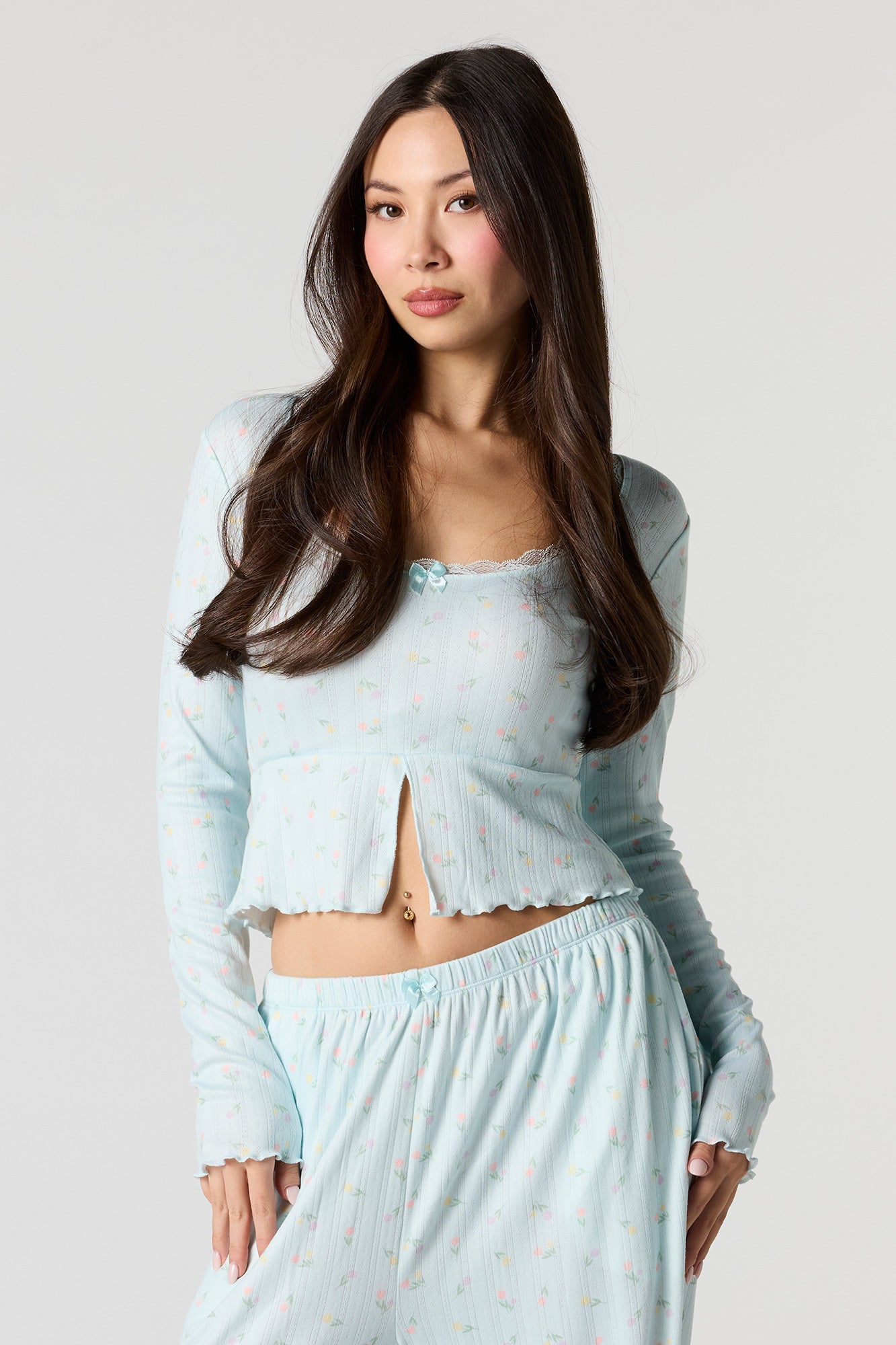 Ribbed Printed Long Sleeve Top & Pant Pajama Set