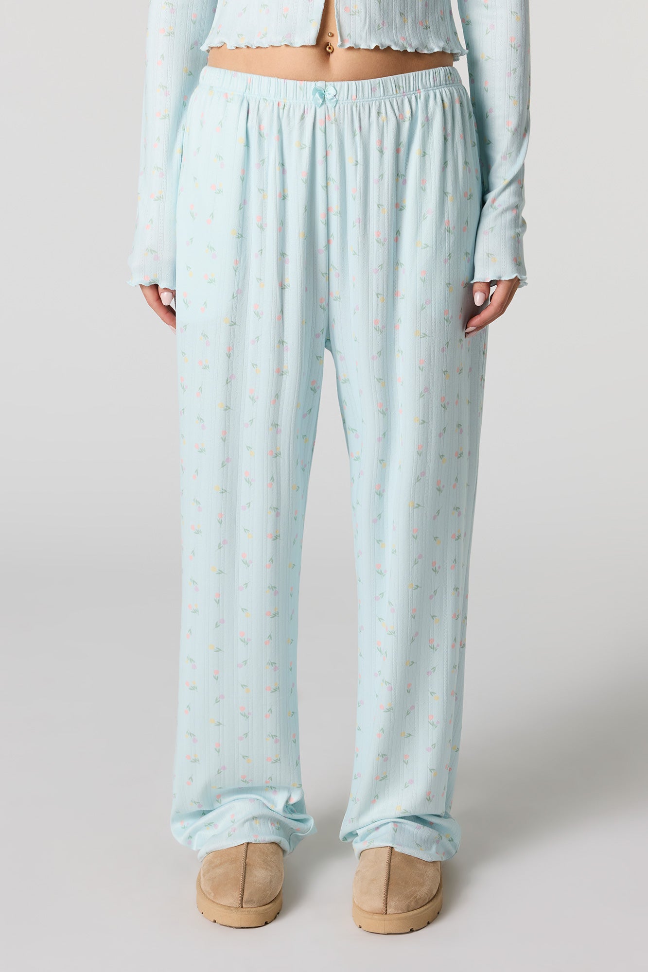 Ribbed Printed Long Sleeve Top & Pant Pajama Set