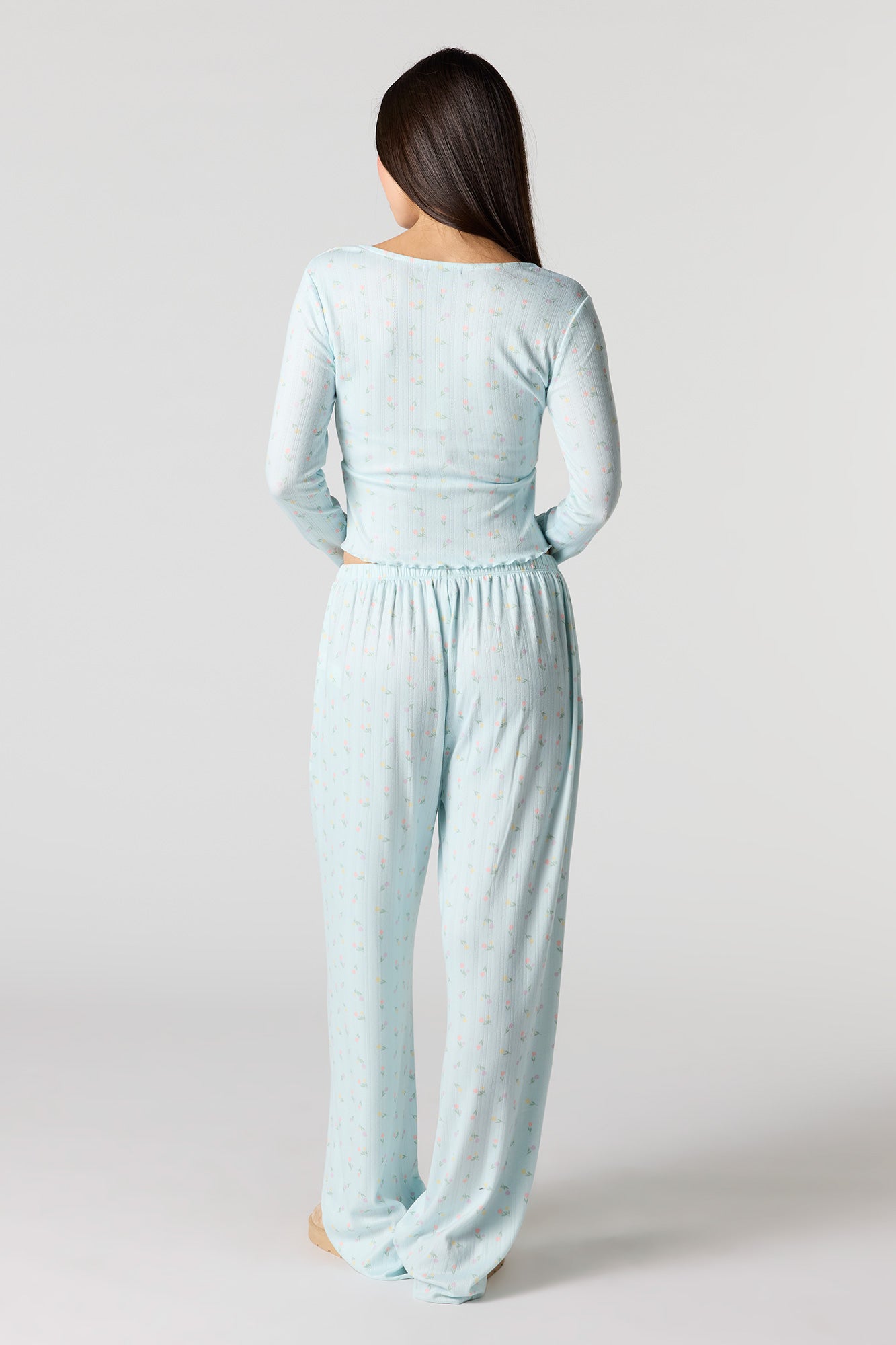Ribbed Printed Long Sleeve Top & Pant Pajama Set