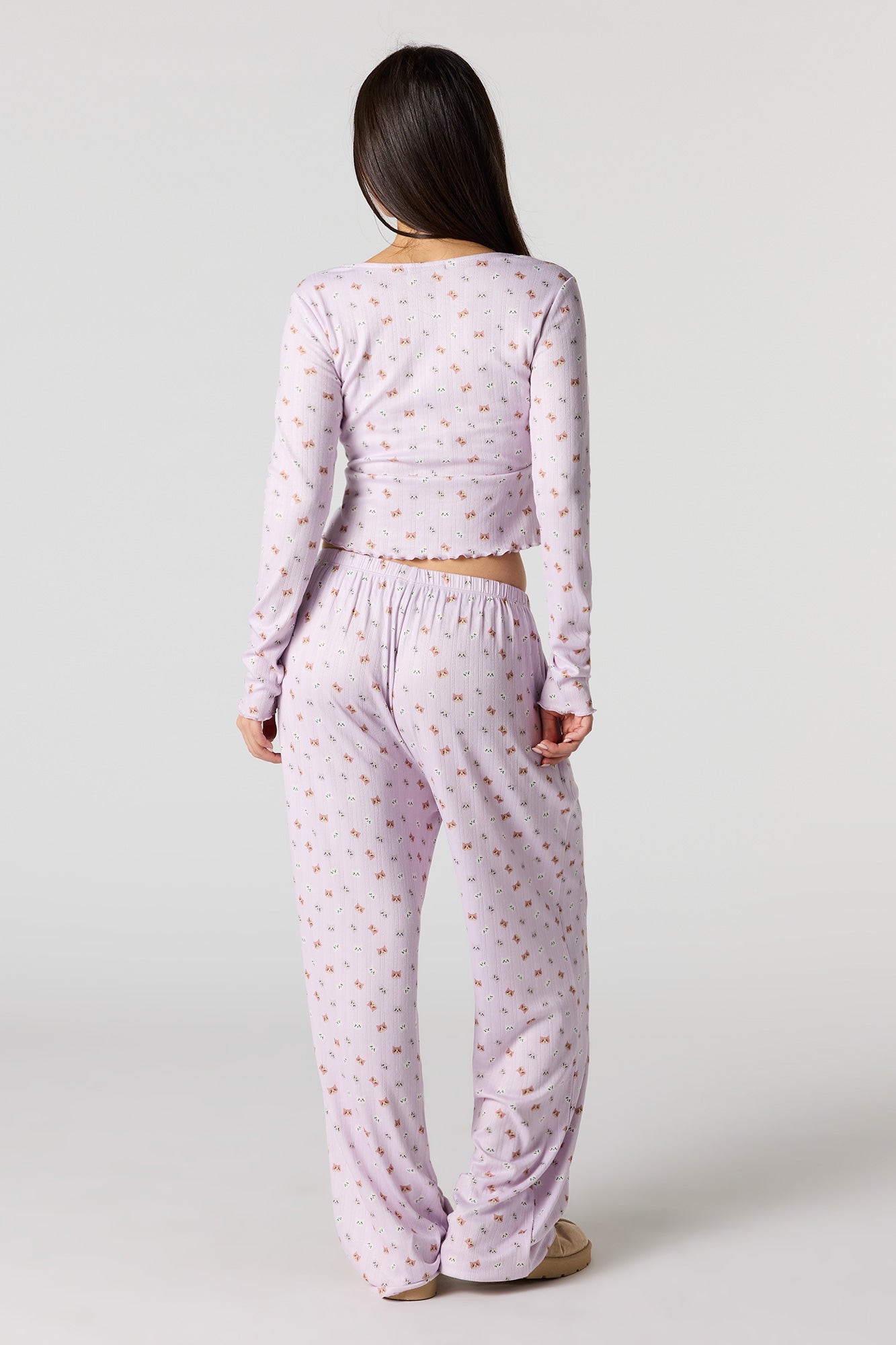 Ribbed Printed Long Sleeve Top & Pant Pajama Set