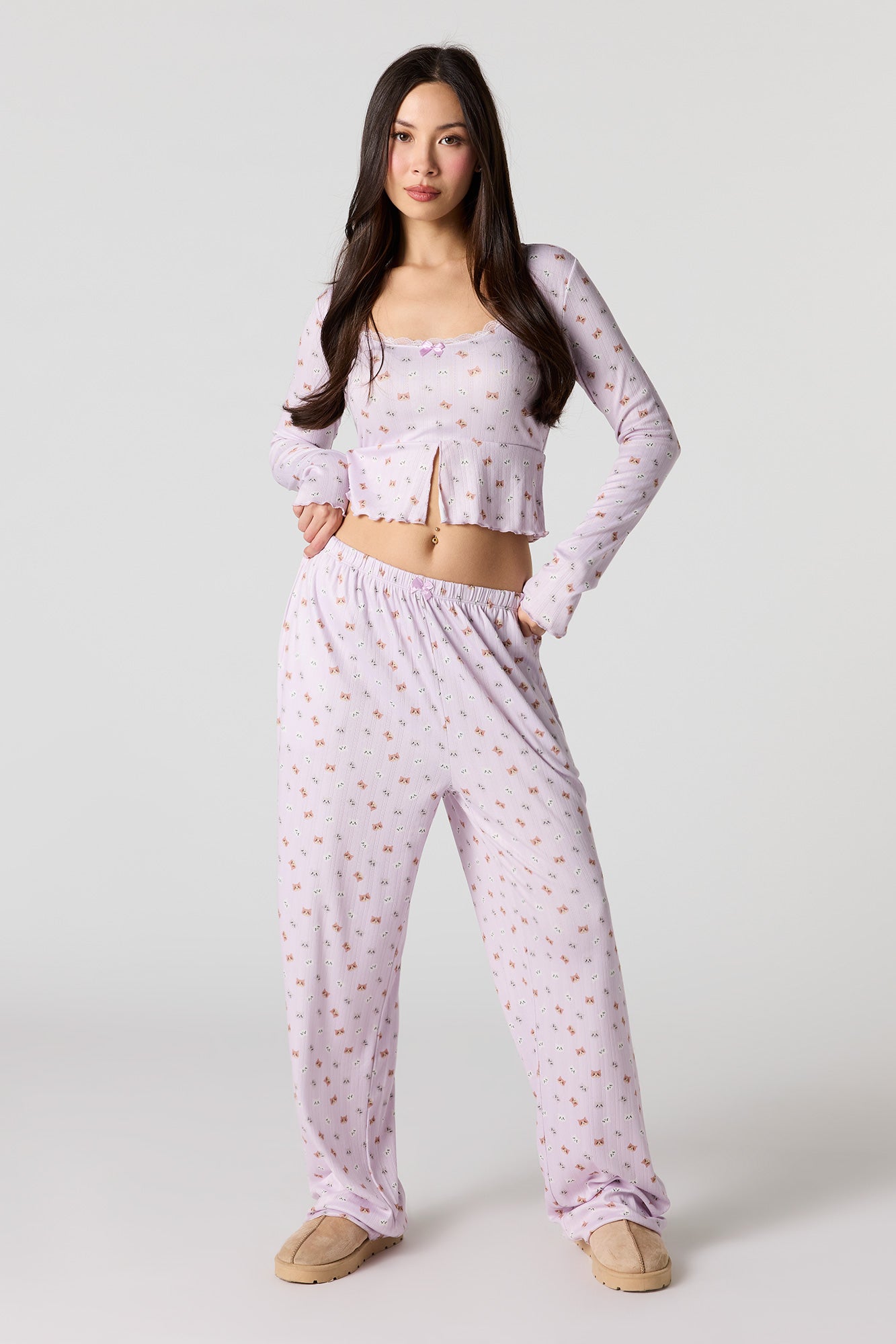 Ribbed Printed Long Sleeve Top & Pant Pajama Set