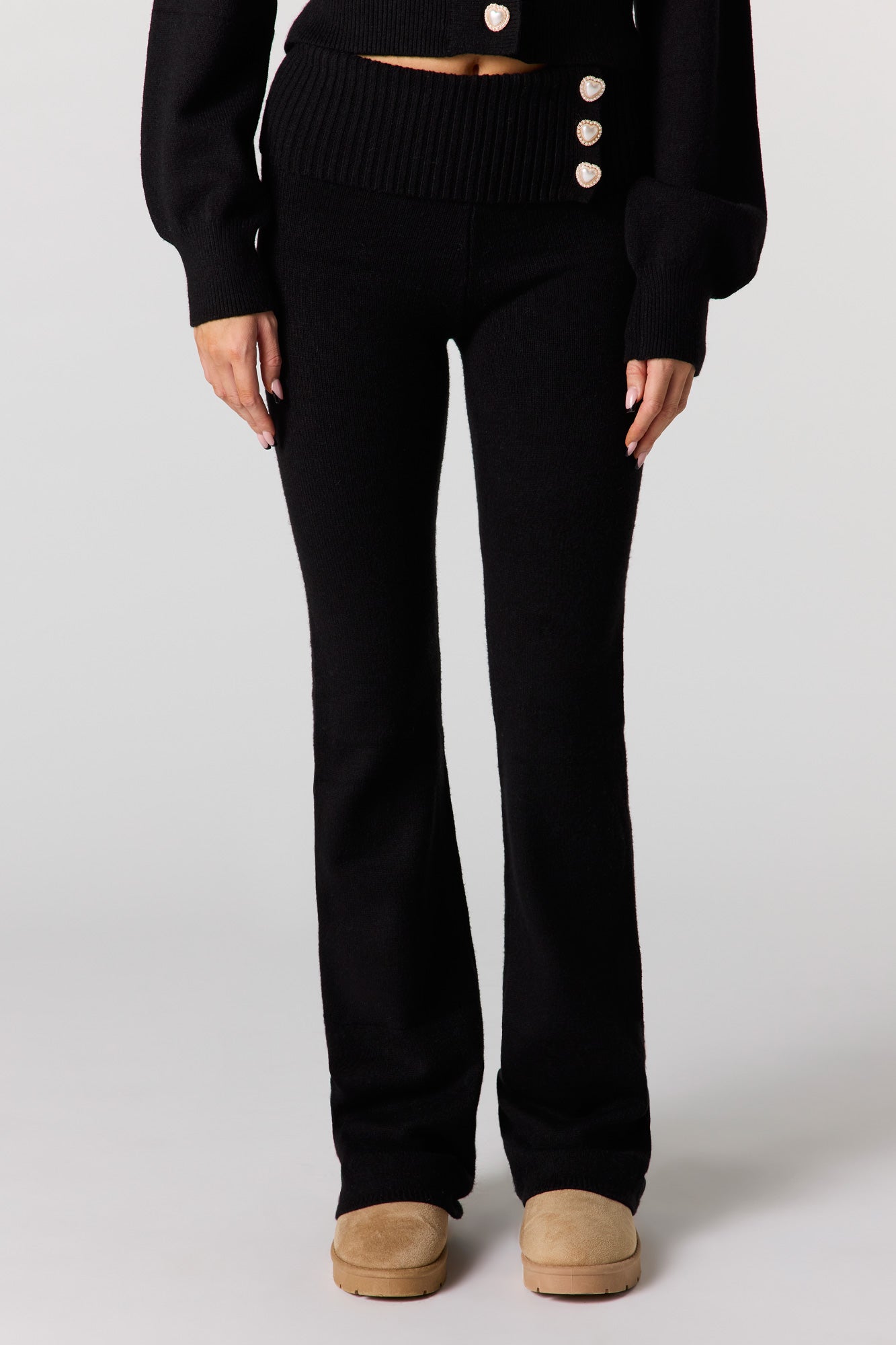 Cozy Knit Foldover Button Waist Flare Pant