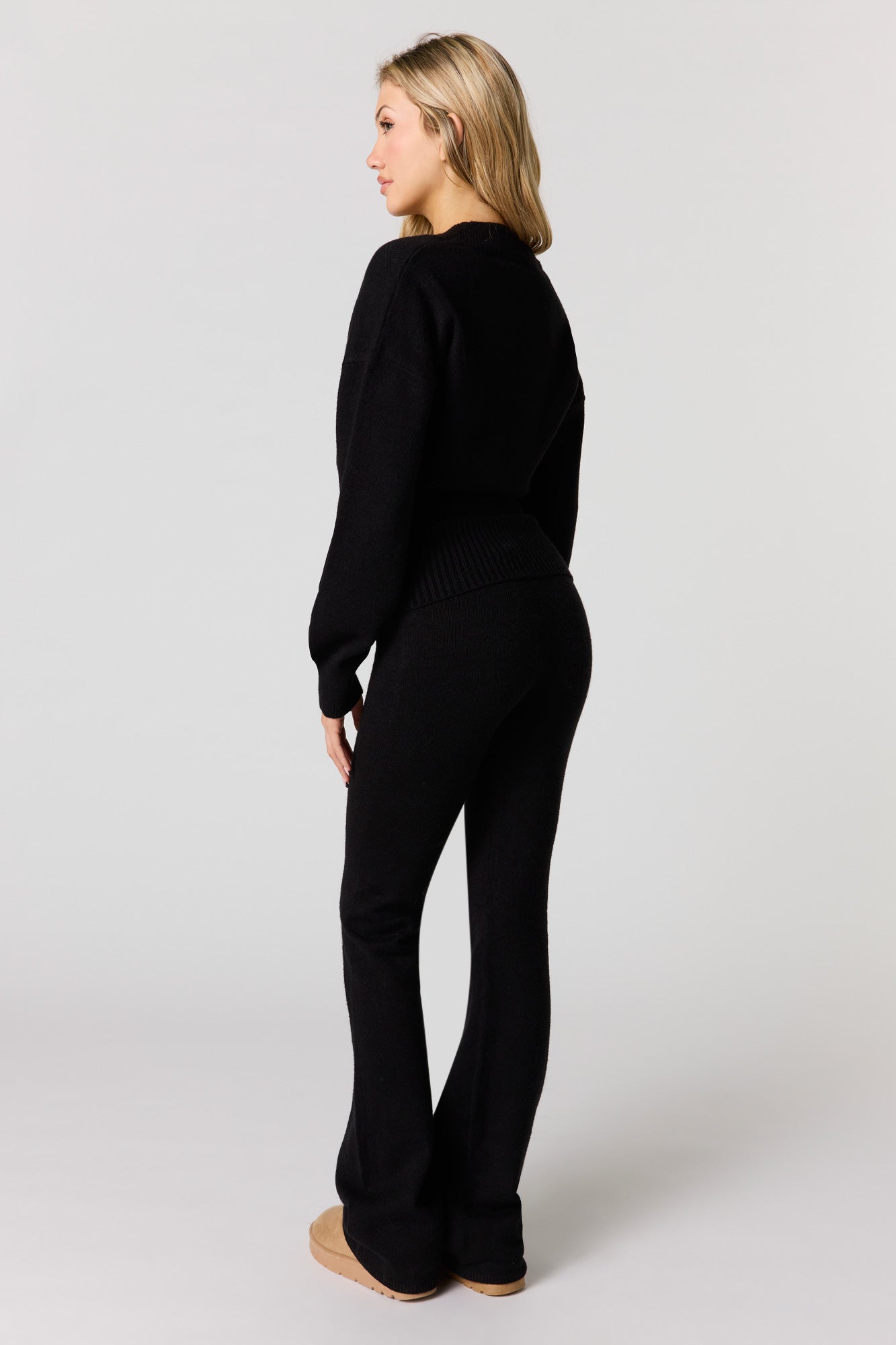 Cozy Knit Foldover Button Waist Flare Pant