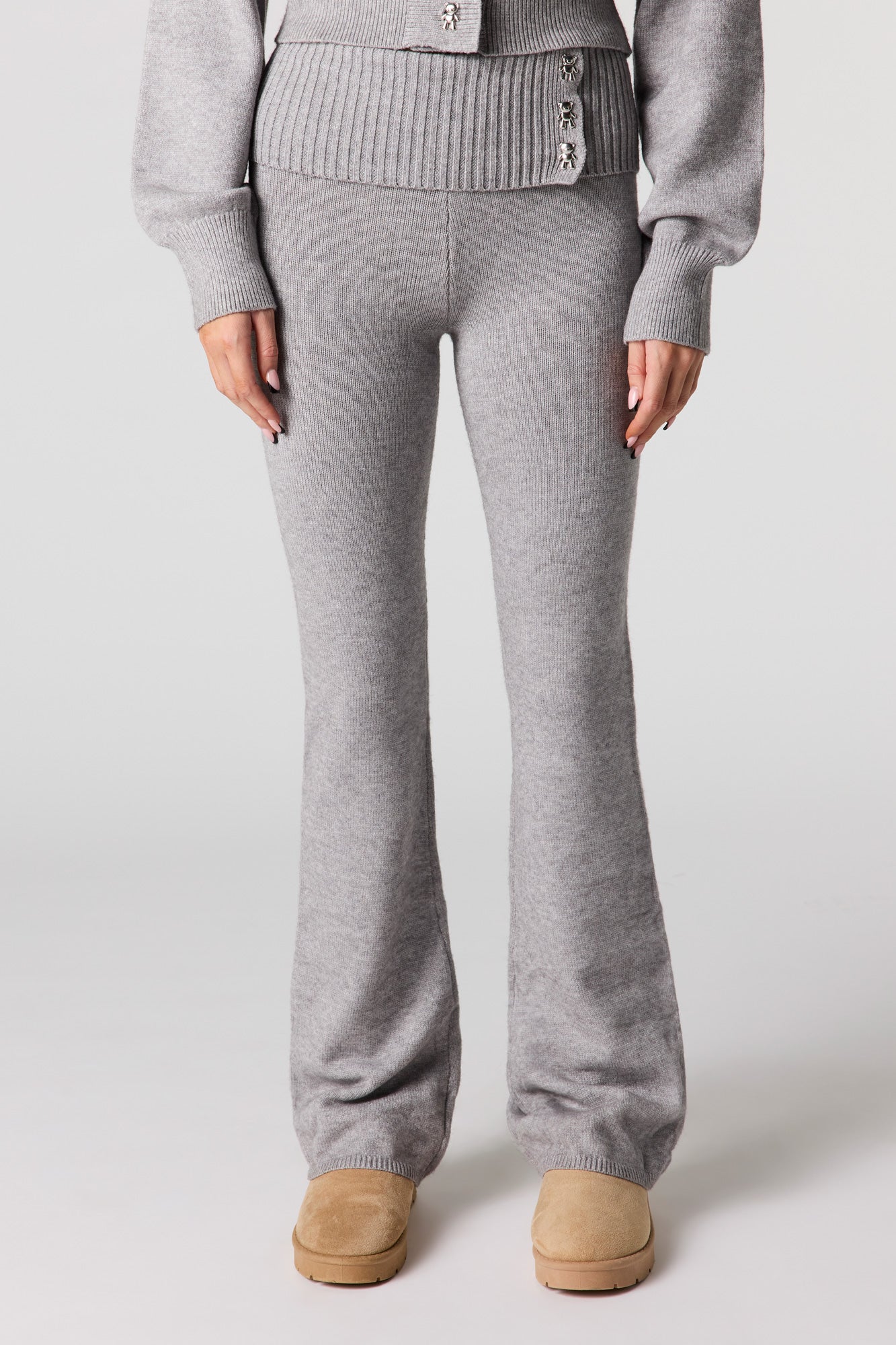 Cozy Knit Foldover Button Waist Flare Pant