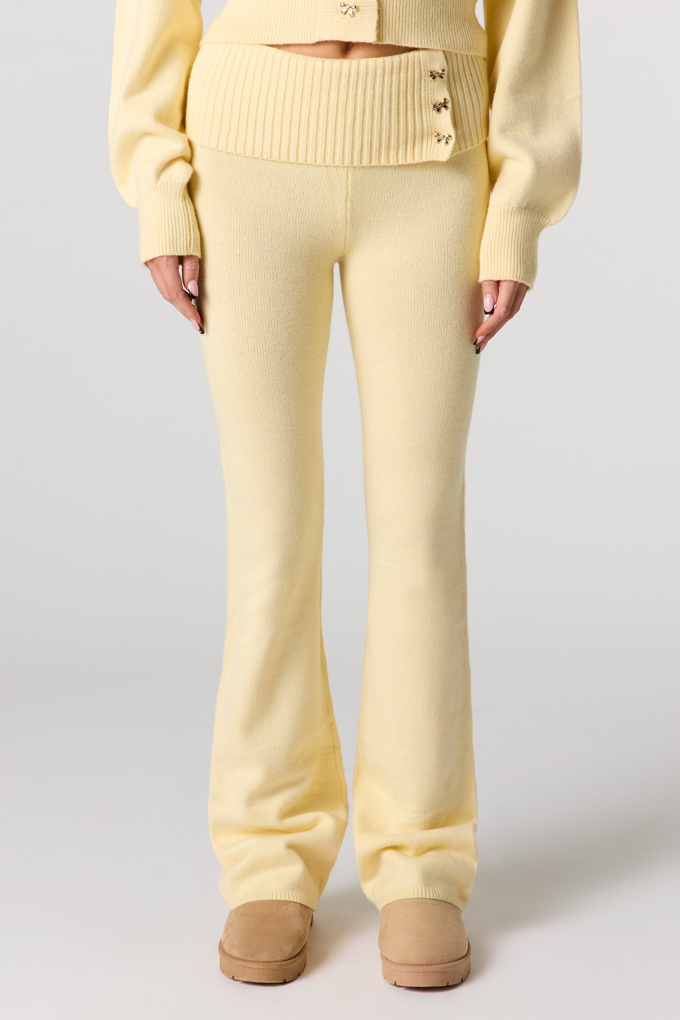 Cozy Knit Foldover Button Waist Flare Pant