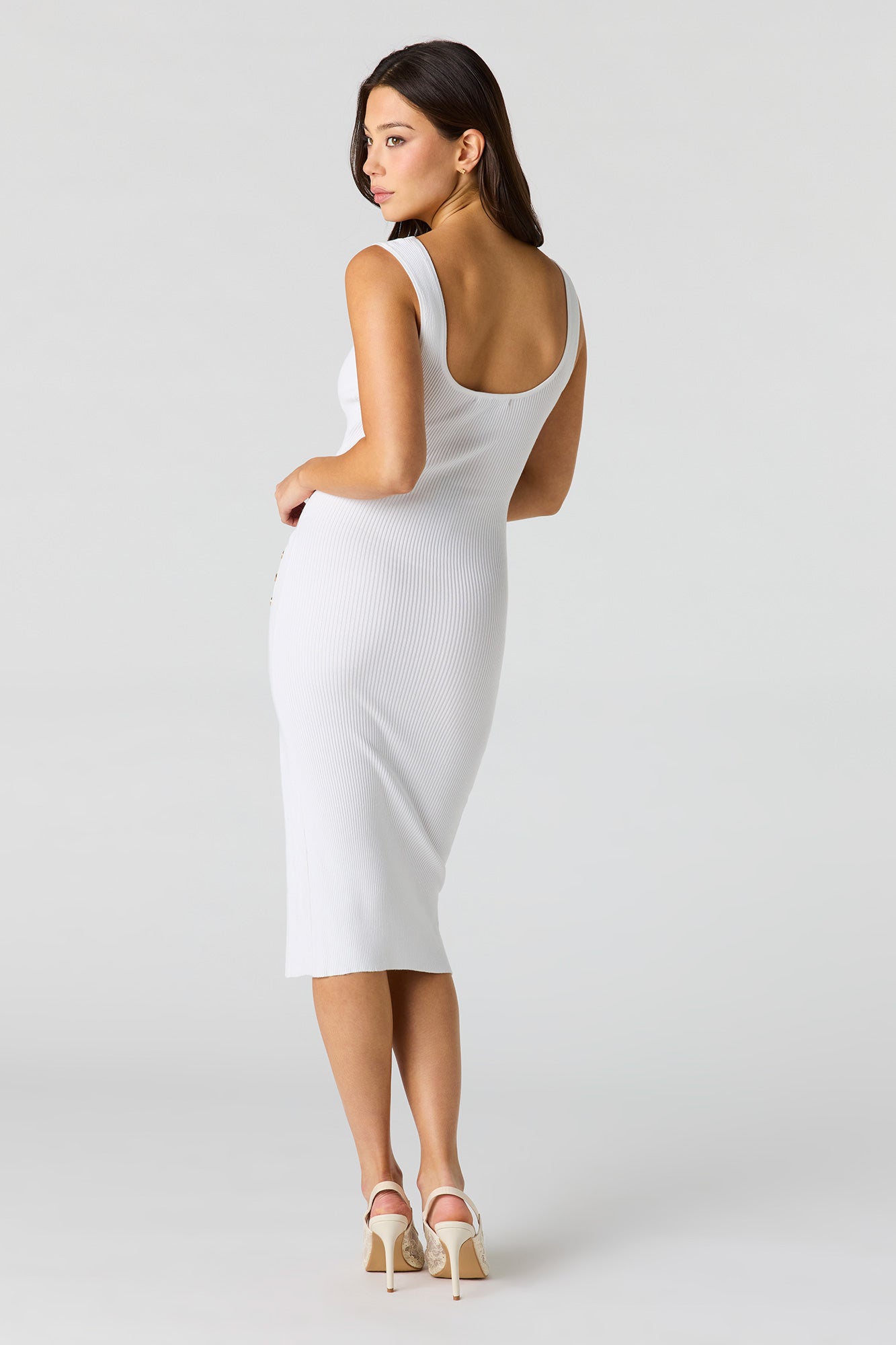 Ribbed Knit Button Side Midi Dress