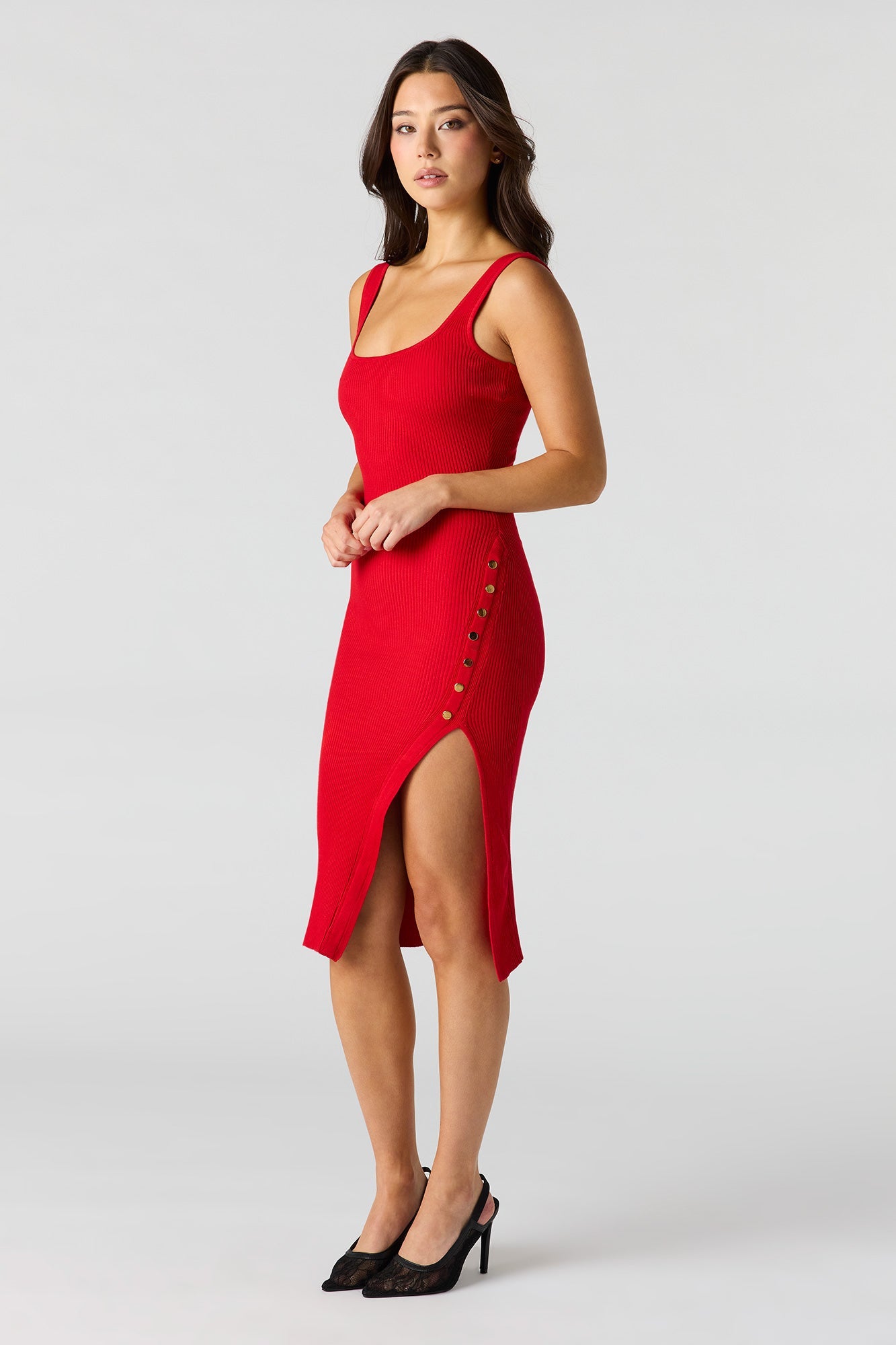 Ribbed Knit Button Side Midi Dress