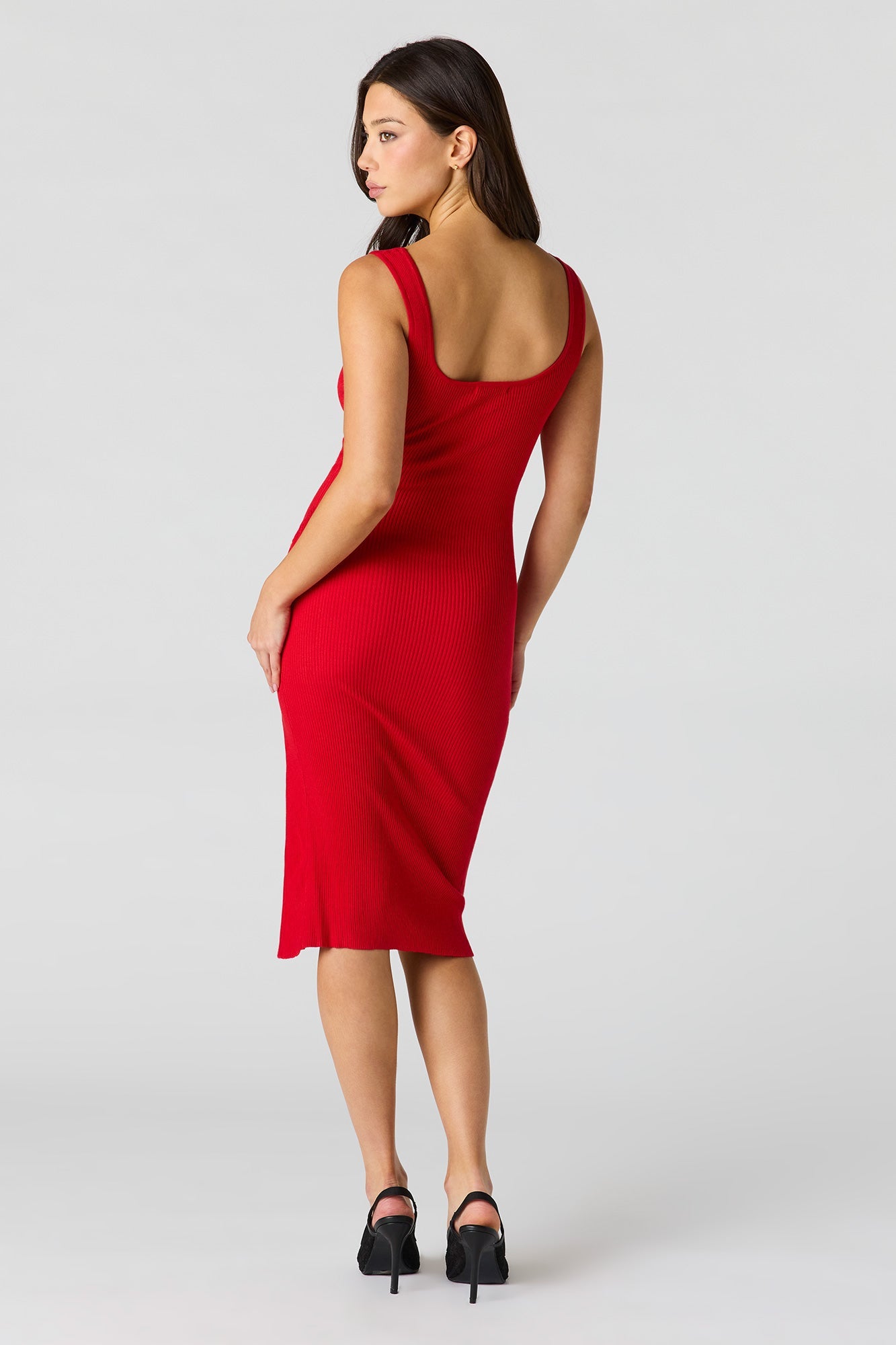 Ribbed Knit Button Side Midi Dress