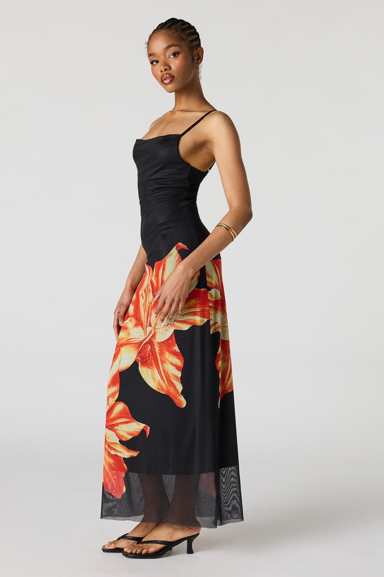 Floral Print Mesh Maxi Dress